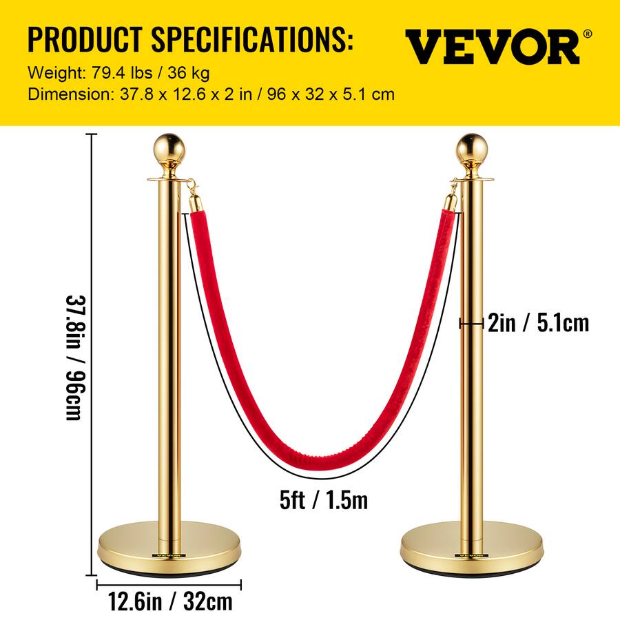 Velvent Rope VEVOR Velvet Ropes and Posts, 5 ft/1.5 m Red Rope, Stainless Steel ...