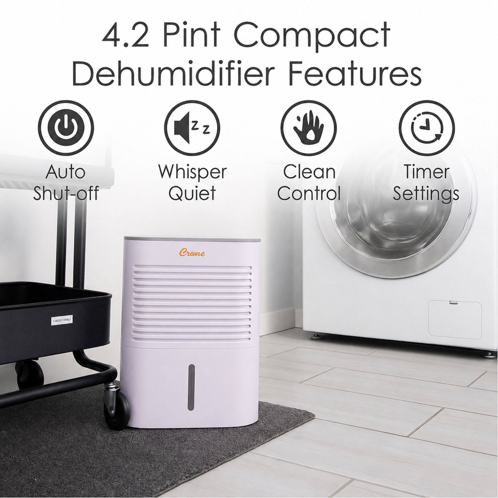 4.2 Pint Compact Dehumidifier Features

- Auto Shut-off
- Whisper Quiet
- Clean Control
- Timer Settings