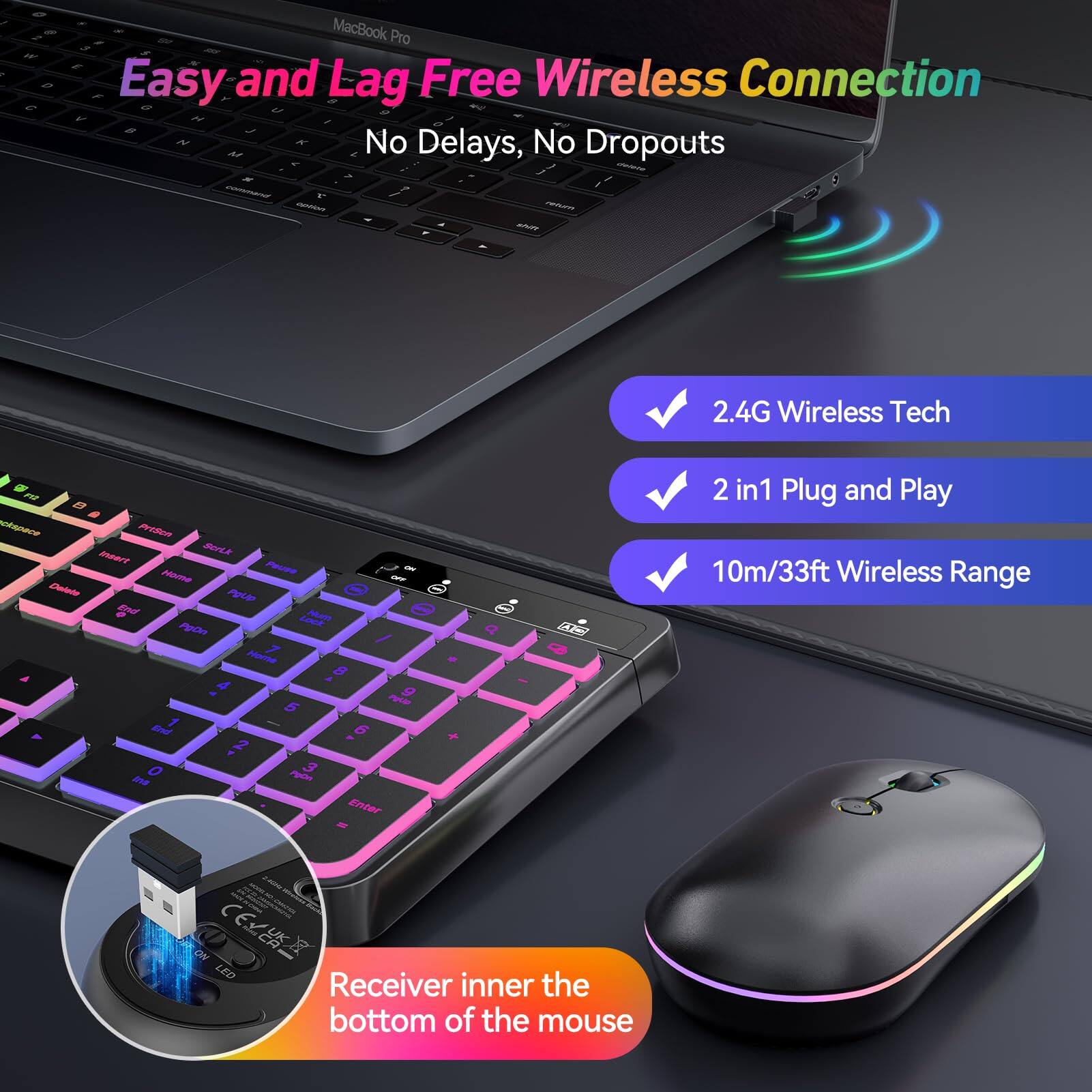 Easy and Lag Free Wireless Connection  
No Delays, No Dropouts  

- 2.4G Wireless Tech  
- 2 in 1 Plug and Play  
- 10m/33ft Wireless Range  

Receiver inner the bottom of the mouse