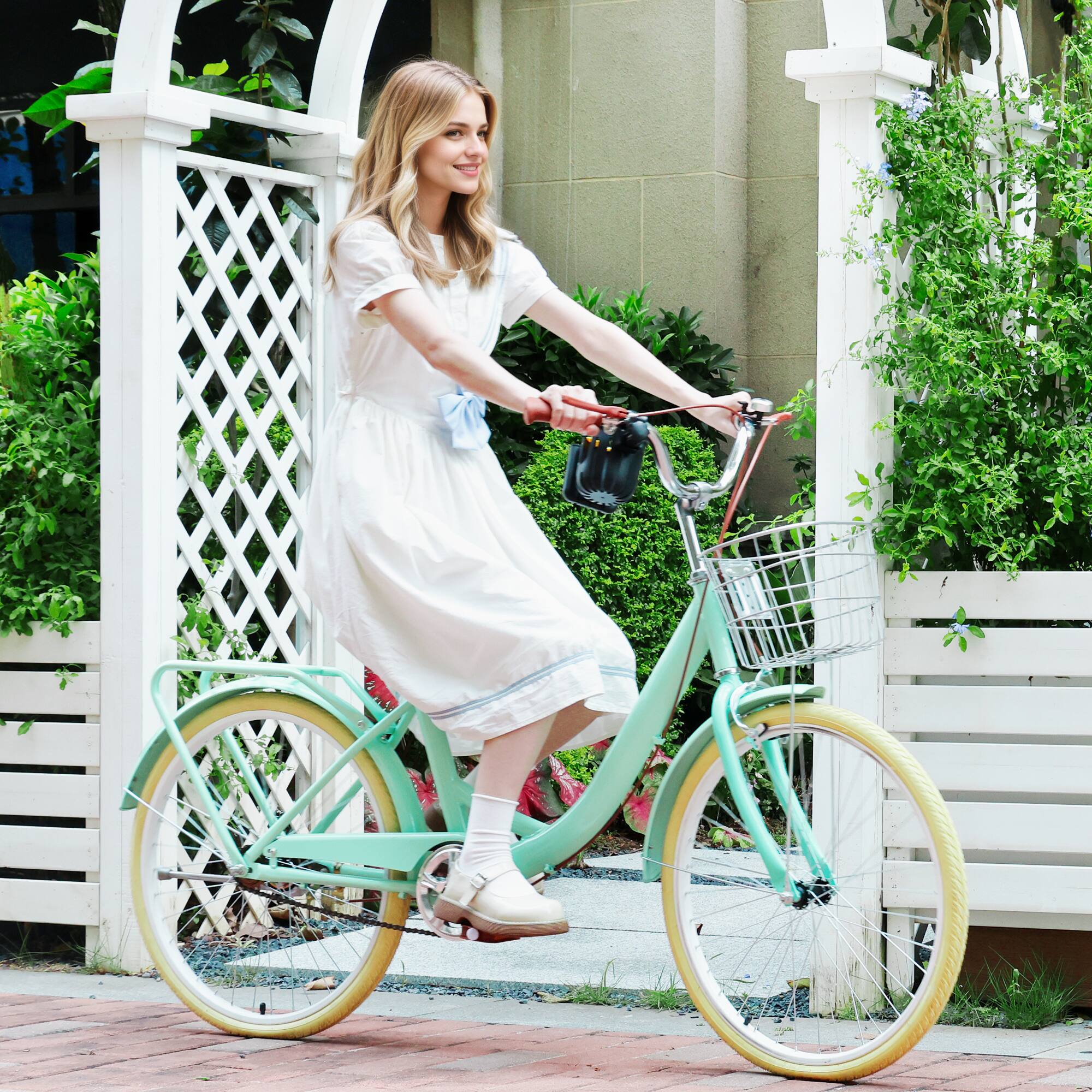 Alt View 8. Topteng - 24 Inch City Cruiser Bike For Adult with Front Basket & Rear Rack High Carbon Steel Frame, Dual Brakes Bicycle - Yellow.