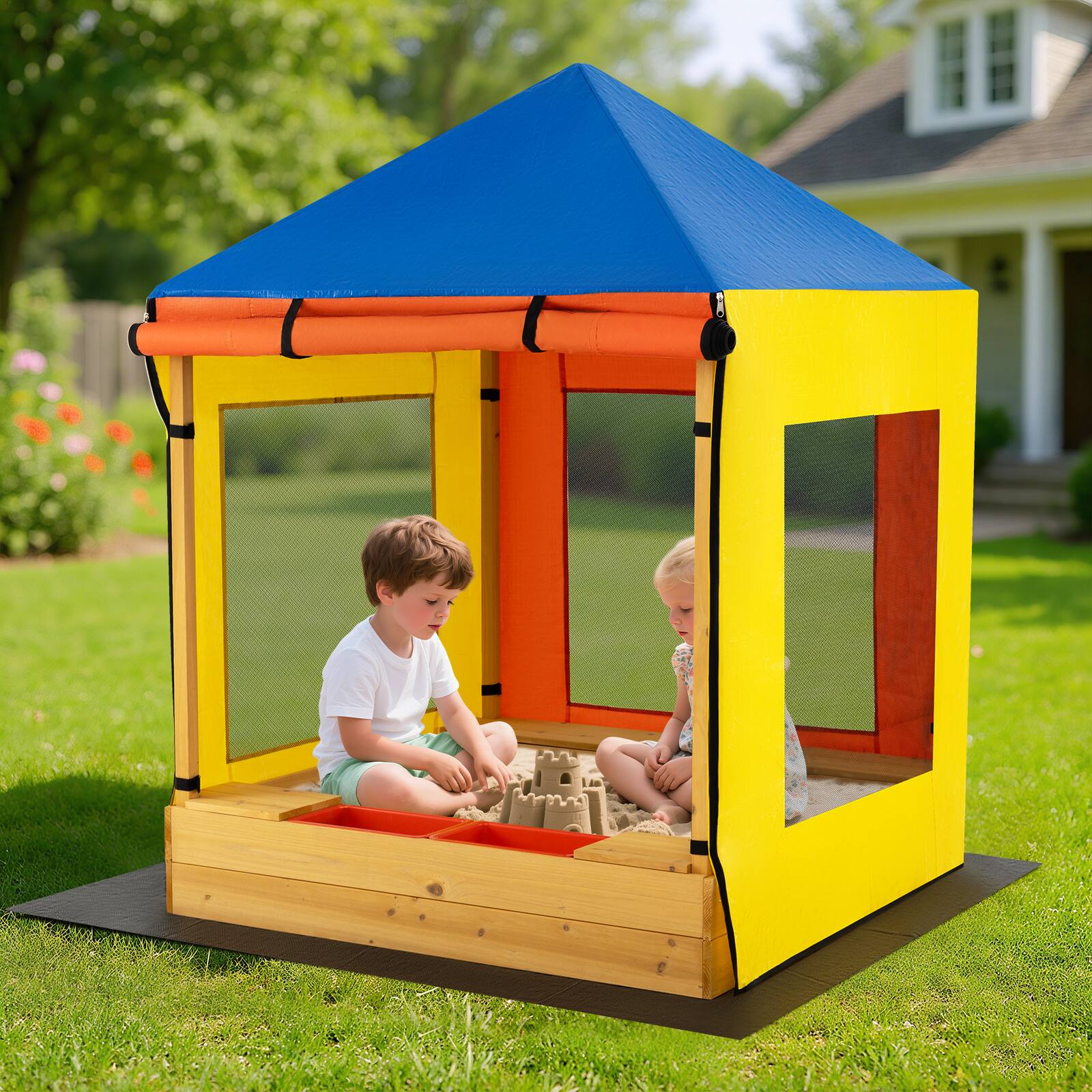 Gymax Kids Wooden Sandbox w/ Canopy Sand Pit w/ Windows & Curtains