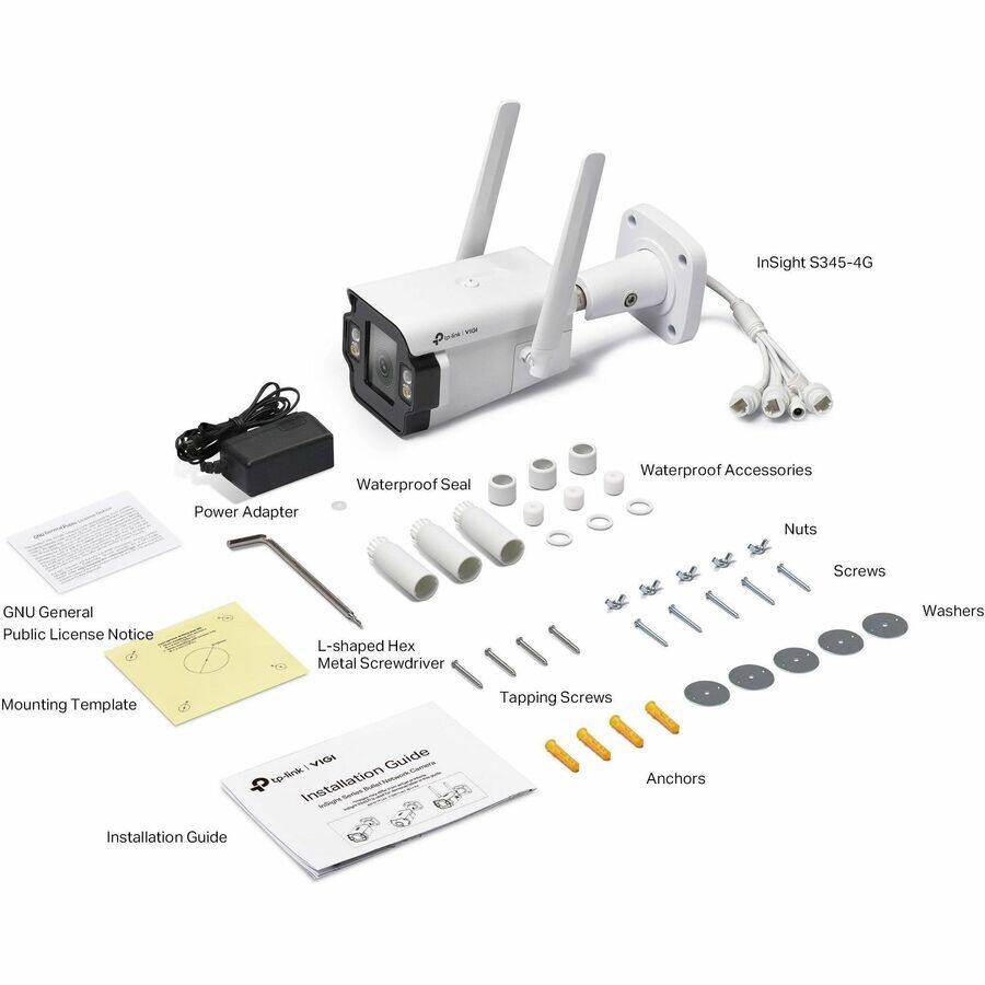 InSight S345-4G Power Adapter Waterproof Seal Waterproof Accessories Nuts Screws GNU General Public License Notice L-shaped Hex Metal Screwdriver Washers Mounting Template Tapping Screws Installation Guide