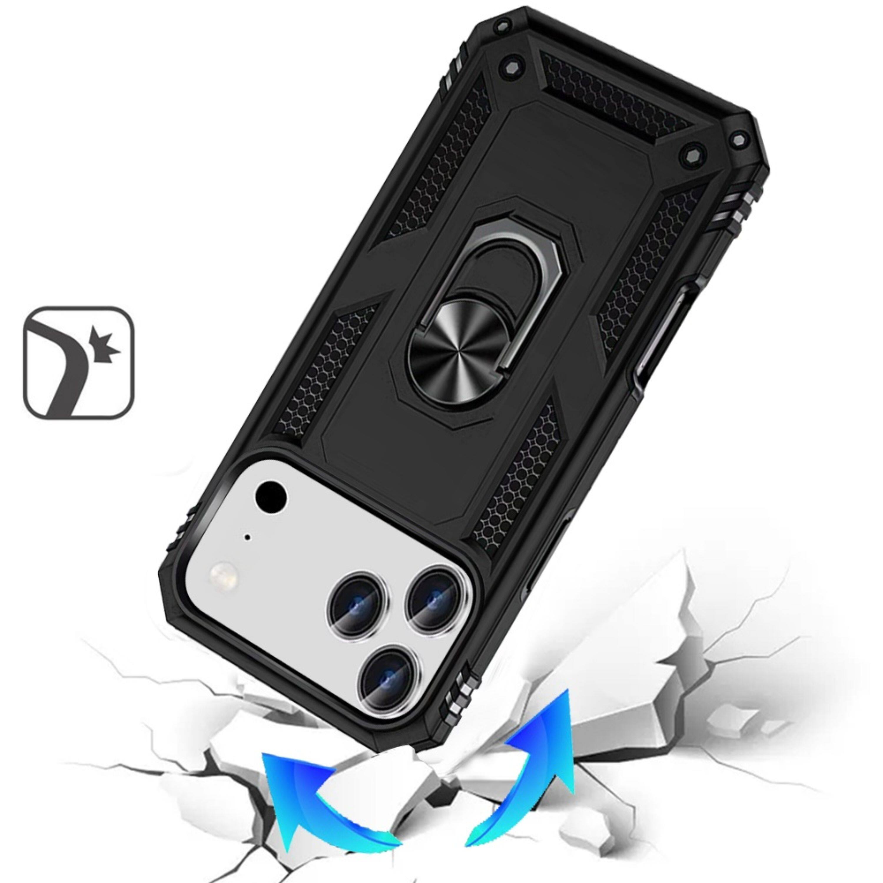 Angle. Kitcheniva - Rugged Metal Ring Kickstand Phone Case With Tempered Glass For iPhone 17 Pro Black - Black.