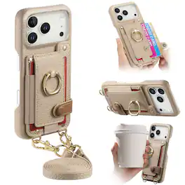 Dteck - Lychee Texture Wallet Case for Apple iPhone 17 Pro Max with Ring Stand,Crossbody Faux Leather Cover with Card Holder - Khaki