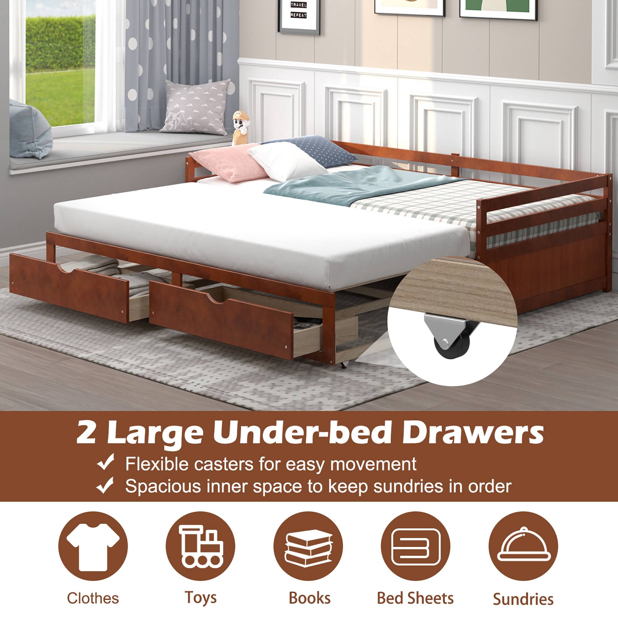 2 Large Under-bed Drawers Flexible casters for easy movement Spacious inner space to keep sundries in order Clothes, Toys, Books, Bed Sheets, Sundries