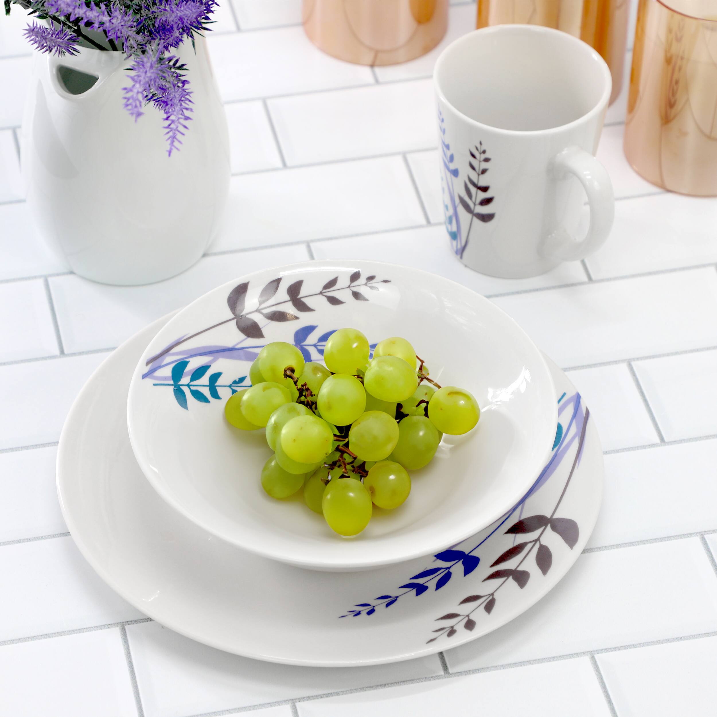 Alt View 4. Gibson - Gibson Home Blue Leaves 12 Piece Round Fine Ceramic Decorated Dinnerware Set in White - White.
