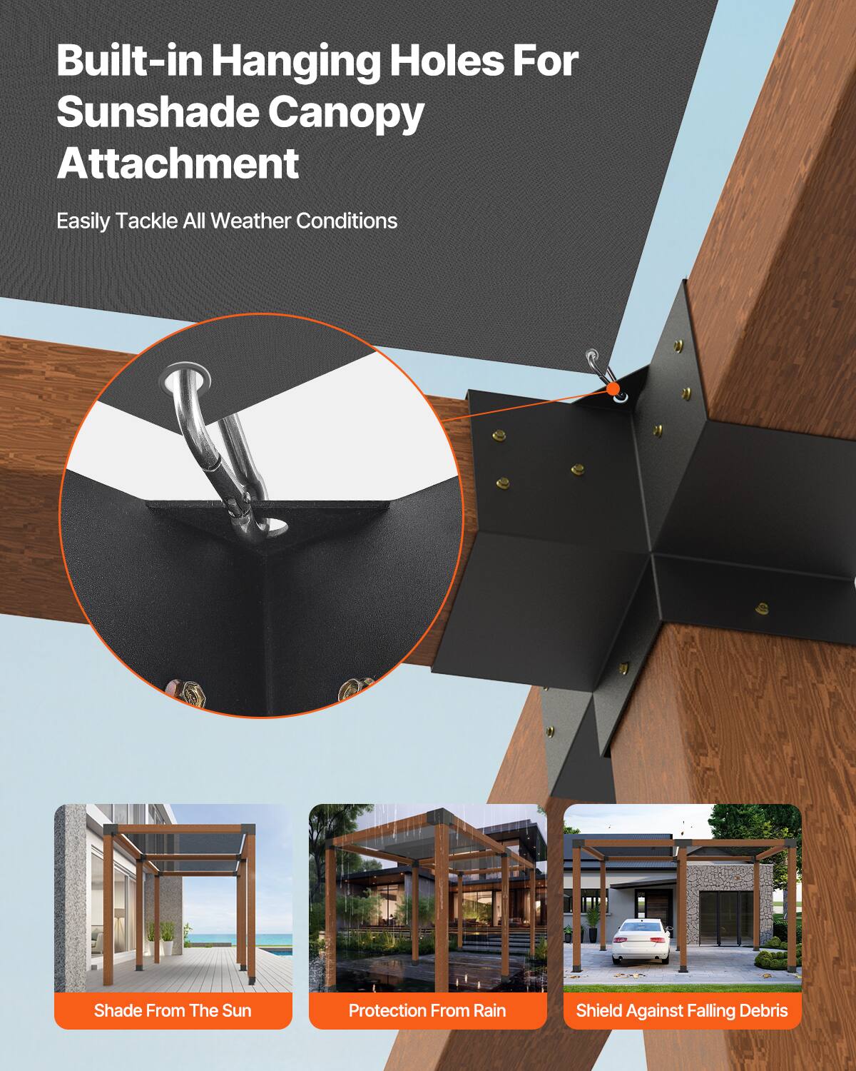 Built-in Hanging Holes For Sunshade Canopy Attachment

Easily Tackle All Weather Conditions

- Shade From The Sun
- Protection From Rain
- Shield Against Falling Debris