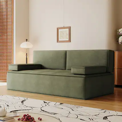 Front. luck idea - 79" Multi-Functional Fabric Sleeper Sofa, Convertible Couch Bed with Supportive Foam Cushion for Apartment & Studio - Green.