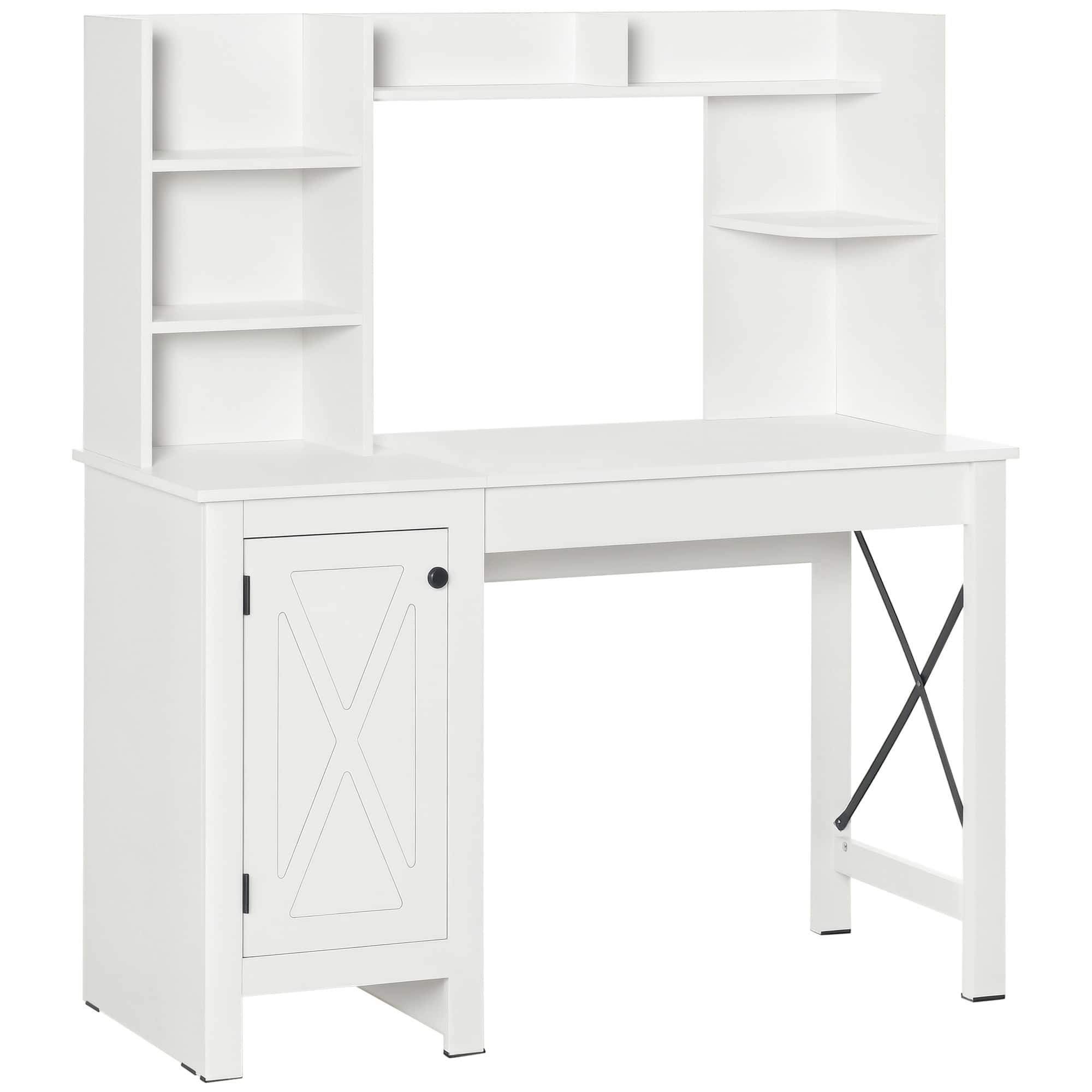 Homcom - Farmhouse Computer Desk with Hutch and Cabinet, Home Office Desk with Storage for Study - White