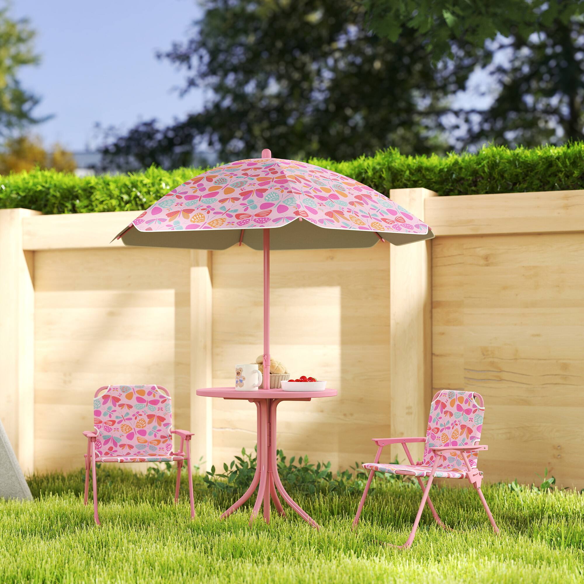 Alt View 1. Qaba - Picnic Table and Chair Set, Outdoor Table with Foldable Chairs - Pink.