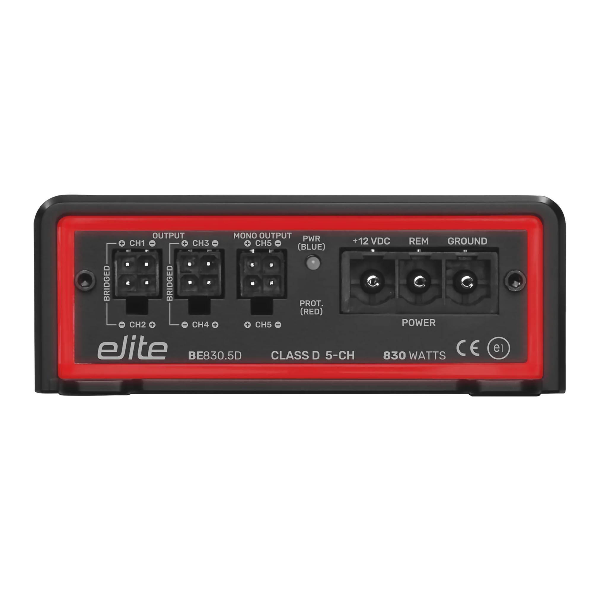 OUTPUT MONO OUTPUT  
PWR (BLUE) +12 VDC REM GROUND  
CH1 CH3 CH5  
PROT. (RED) CH2 CH4 CH5  
BRIDGED BRIDGED  
POWER  
elite BE830.5D  
CLASS D 5-CH 830 WATTS  
CE