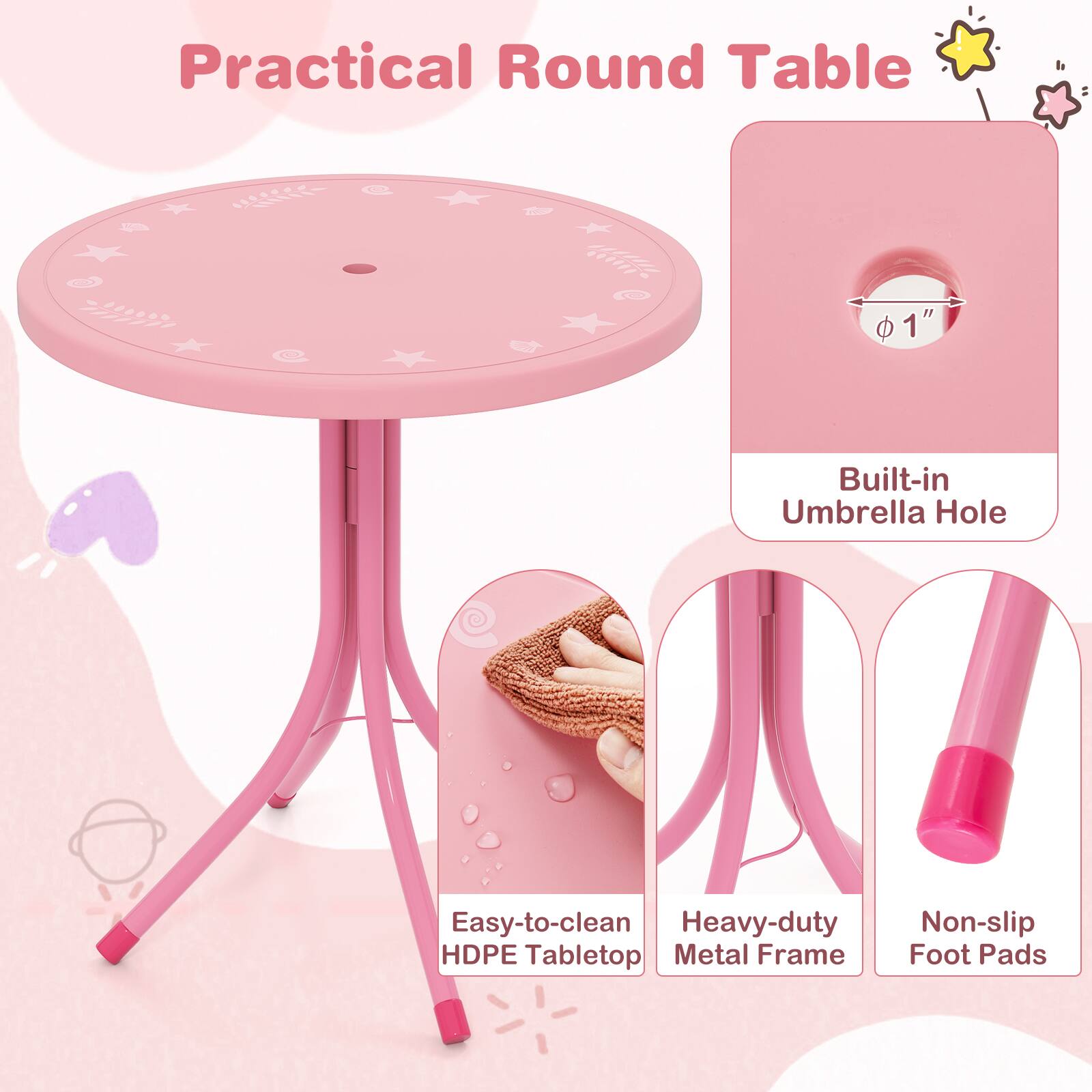 Practical Round Table +1" Built-in Umbrella Hole Easy-to-clean Heavy-duty HDPE Tabletop Metal Frame Non-slip Foot Pads