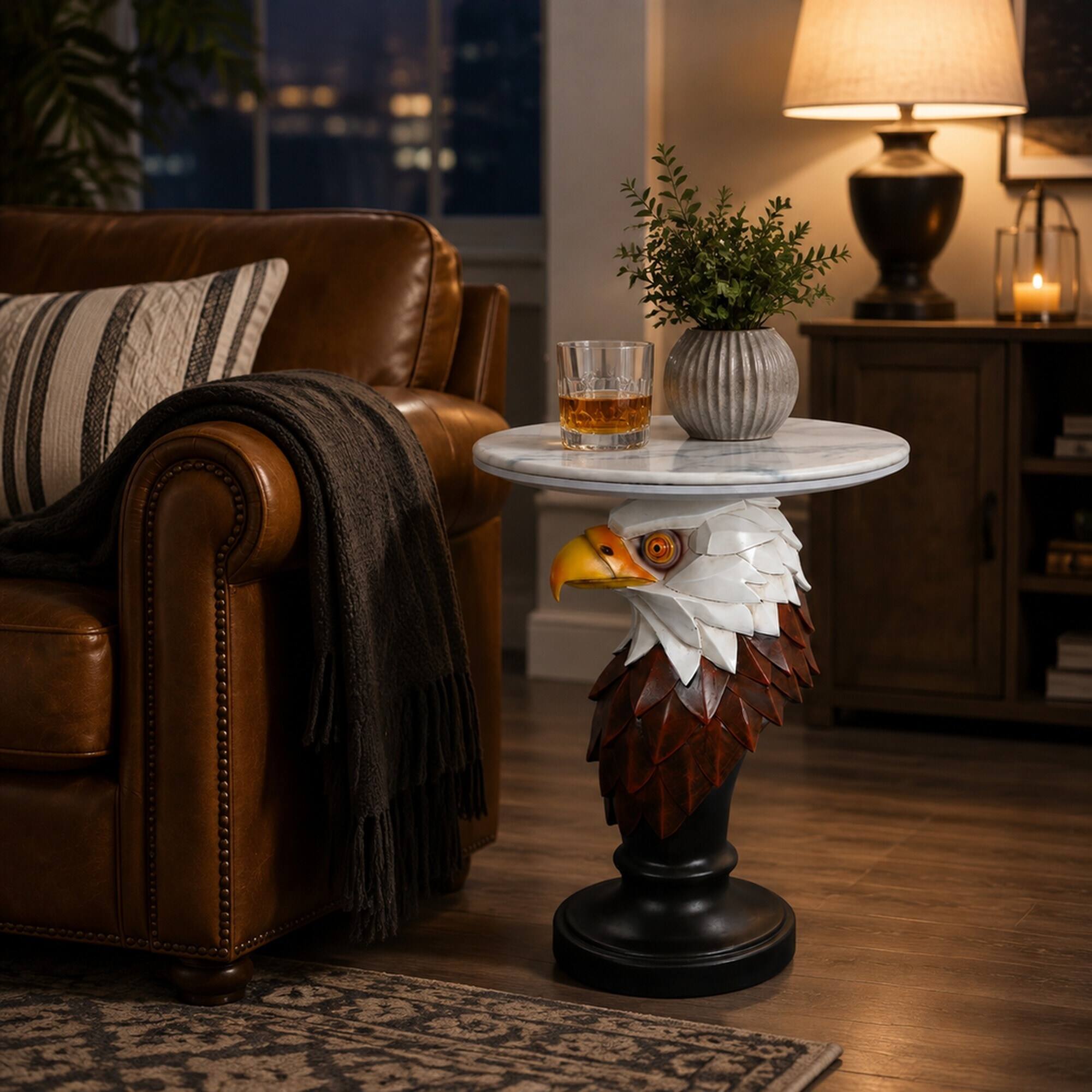 Left. RYHNUYNE - Realistic Eagle Head Accent Table with Faux Marble Top for Living Room and Nature Decor - Brown.
