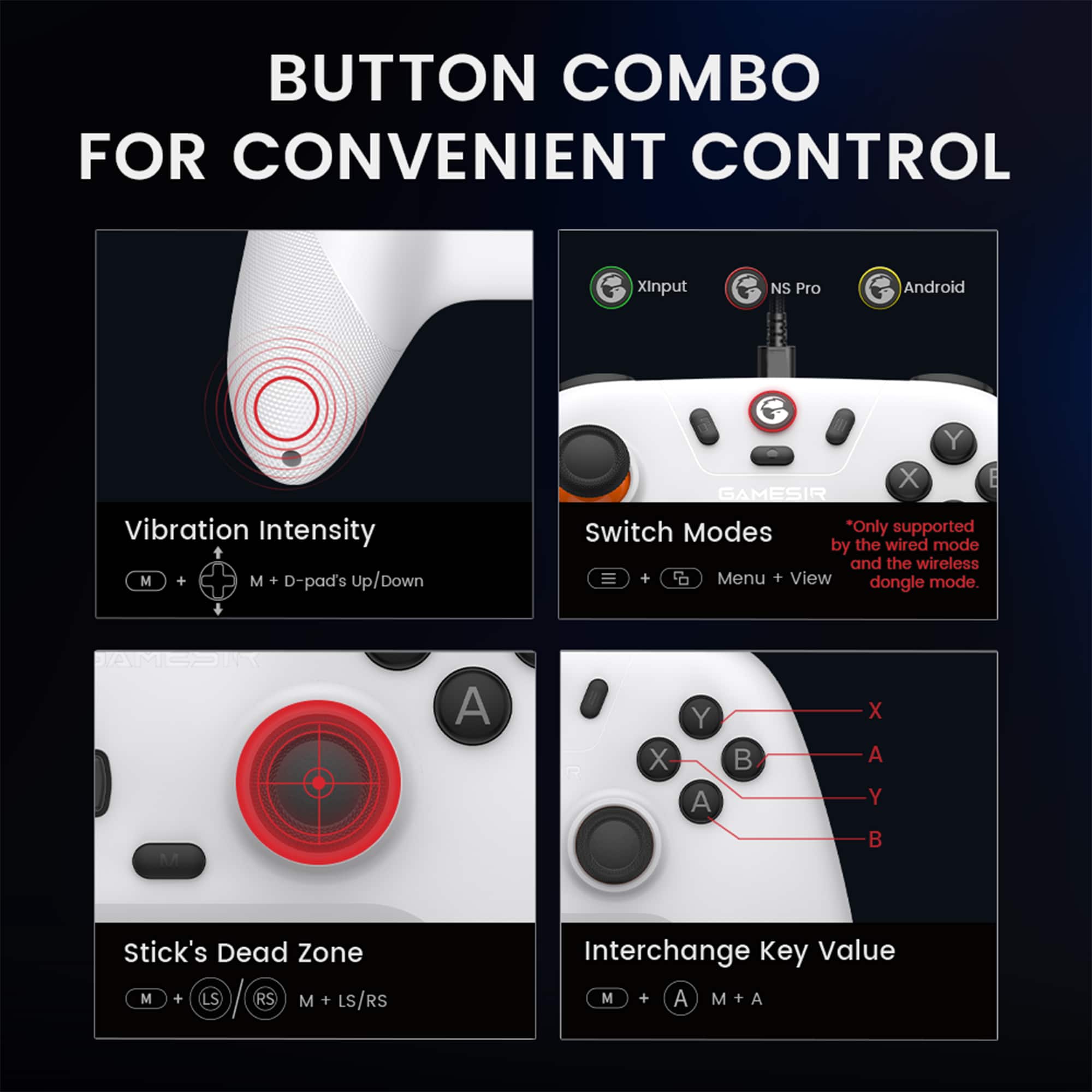 Button Combo for Convenient Control:
1. XInput NS Pro: Android Vibration Intensity
2. M + M + D-pad's up/down: Y
3. X
4. GAMESIR Switch Modes: *Only supported by the wired mode and the wireless dongle
5. Menu + View mode: dongle
6. Stick's Dead Zone: M + LS RS
7. M + LS/RS Interchange Key Value: M + A