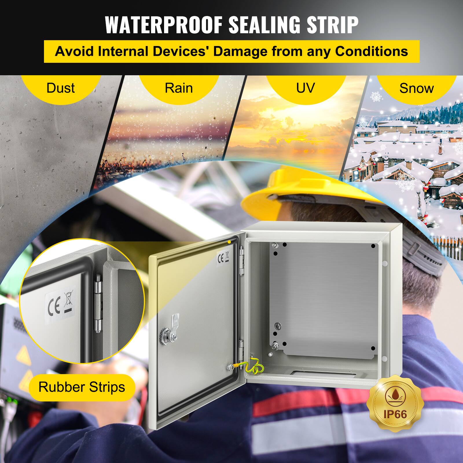 WATERPROOF SEALING STRIP  
Avoid Internal Devices' Damage from any Conditions  
Dust  
Rain  
UV  
Snow  
CE  
Rubber Strips  
IP66