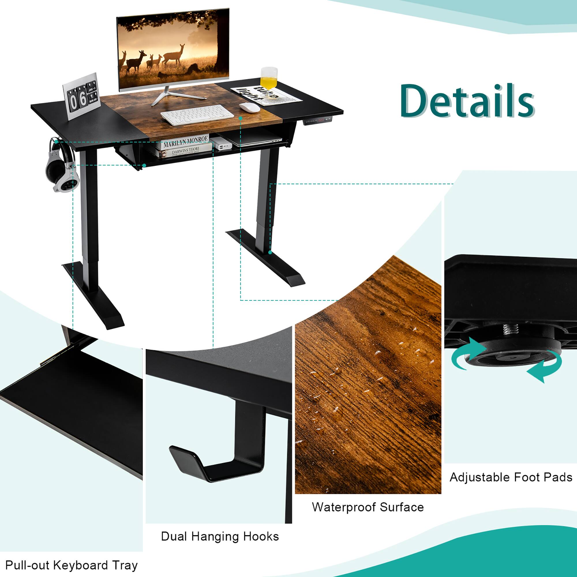 Details

- Pull-out Keyboard Tray
- Dual Hanging Hooks
- Waterproof Surface
- Adjustable Foot Pads