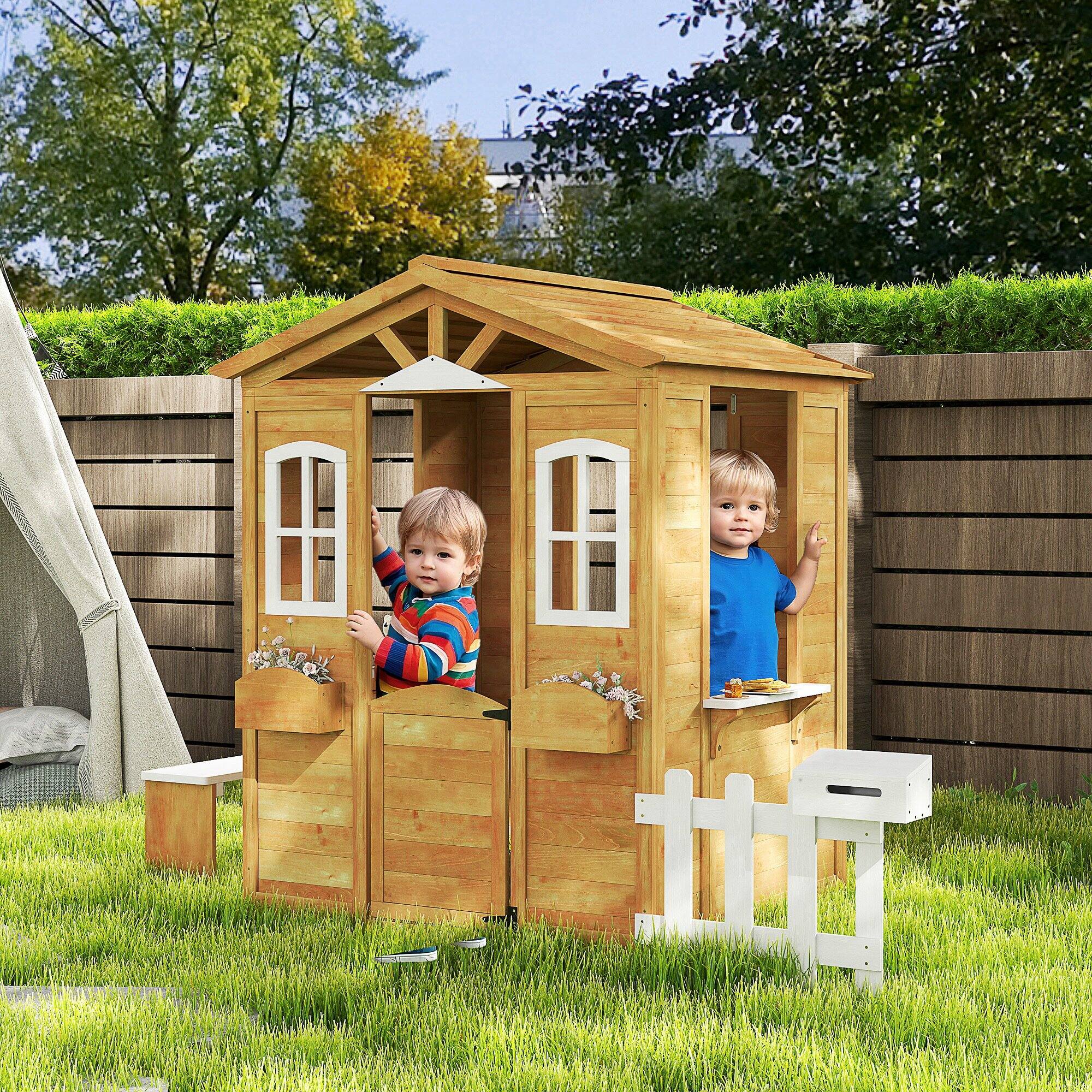 Angle. Outsunny - Outdoor Playhouse for Kids Wooden Cottage with Working Doors Windows & Mailbox, Pretend Play House for Age 3-6 Years.