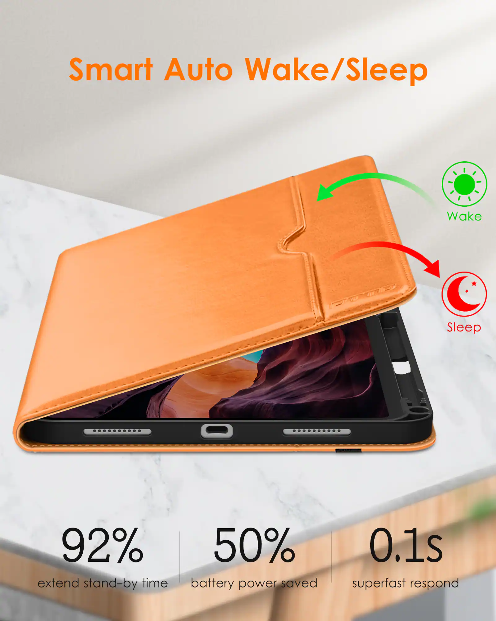 Smart Auto Wake/Sleep

- 92% extend stand-by time
- 50% battery power saved
- 0.1s superfast respond

Wake
Sleep