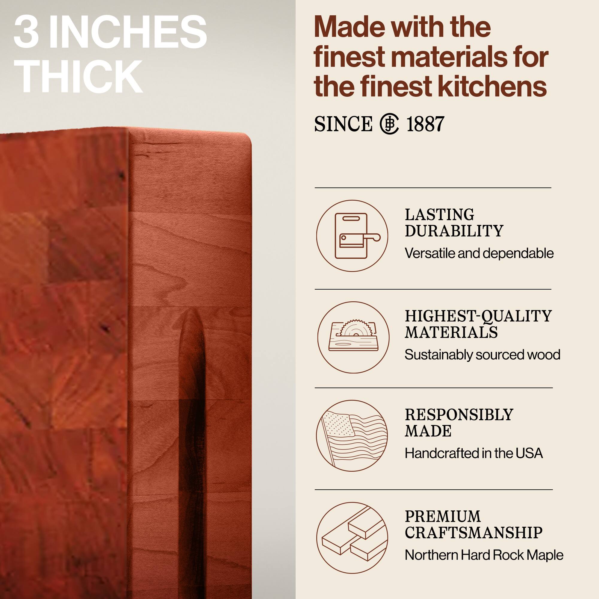 3 INCHES THICK

Made with the finest materials for the finest kitchens SINCE 1887

LASTING DURABILITY
Versatile and dependable

HIGHEST-QUALITY MATERIALS
Sustainably sourced wood

RESPONSIBLY MADE
Handcrafted in the USA

PREMIUM CRAFTSMANSHIP
Northern Hard Rock Maple