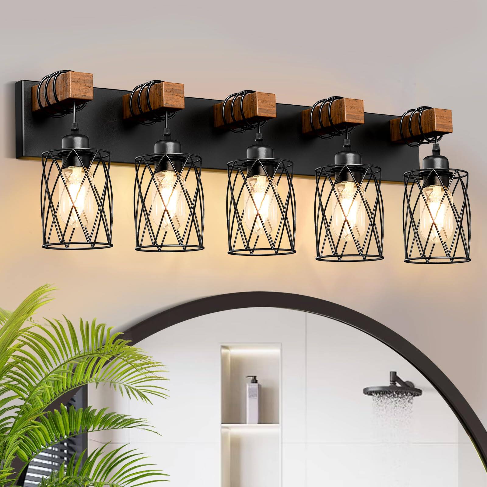 Cedar Assembly - Farmhouse Bathroom Vanity Light Wood Fixtures Over Mirror Industrial Lights With Metal Shade Rustic Restroo - Black 5 - Light