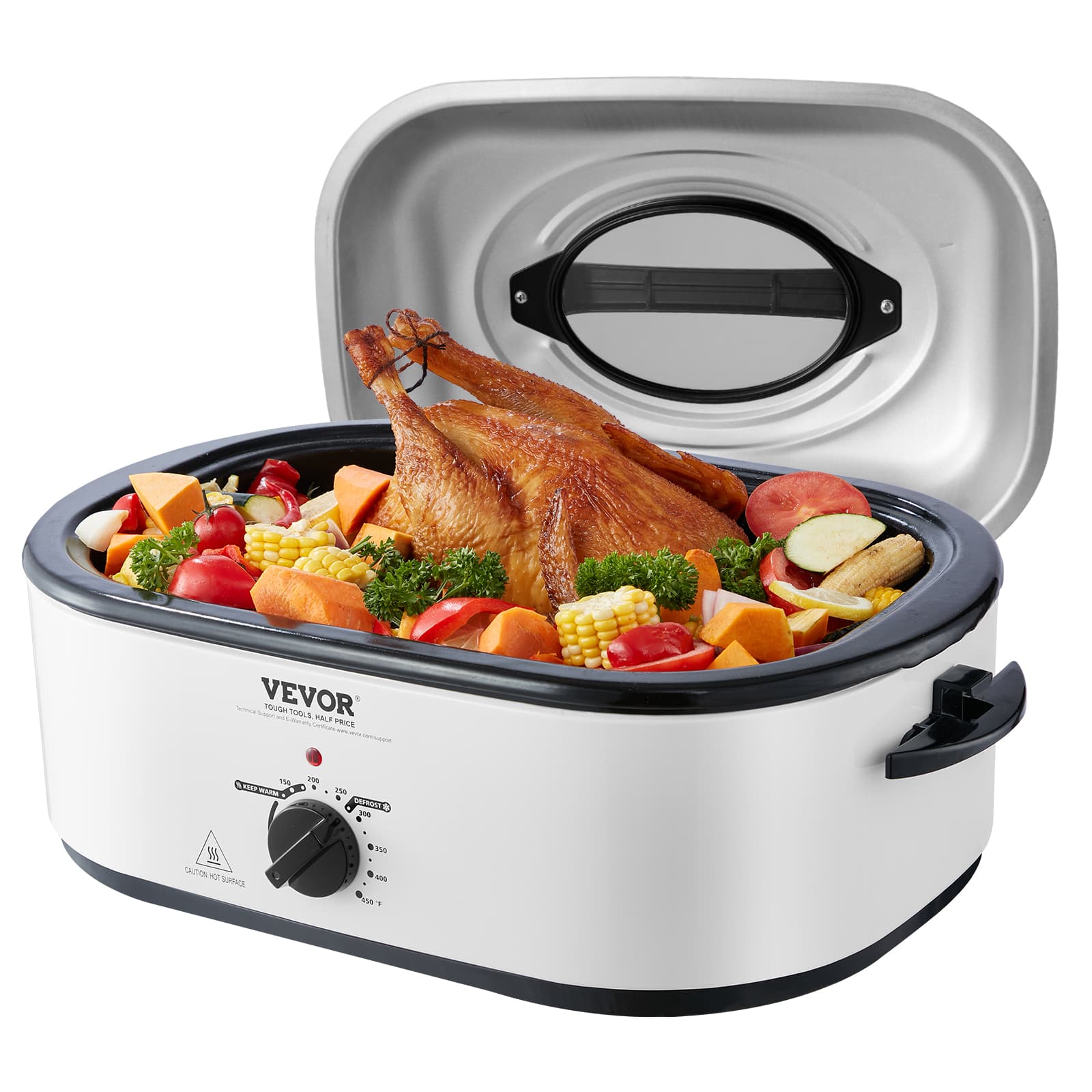VEVOR - Electric Roaster Oven, 22 QT Turkey Roaster Oven with Self-Basting Lid, 1450W Roaster Oven with Defrost & Warm Function - White