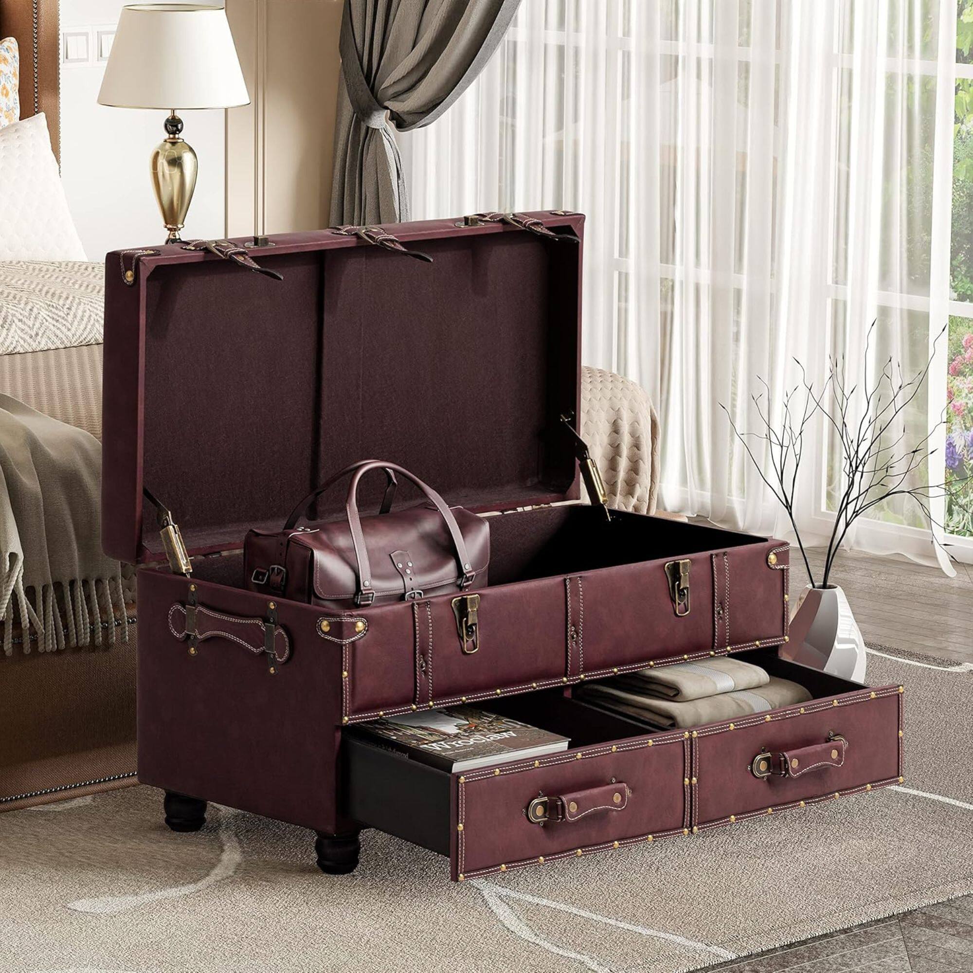 Alt View 5. COZAYH - COZAYH Vintage Storage Bench, Upholstered Wooden Ottoman Bed Chest Box, Magenta - Dark Magenta.