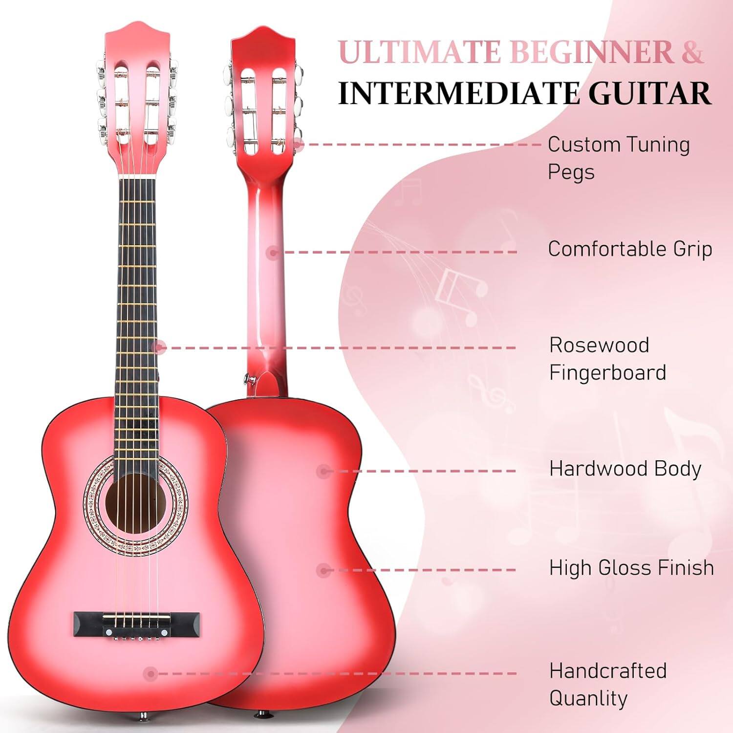 ULTIMATE BEGINNER & INTERMEDIATE GUITAR

- Custom Tuning Pegs
- Comfortable Grip
- Rosewood Fingerboard
- Hardwood Body
- High Gloss Finish
- Handcrafted Quality