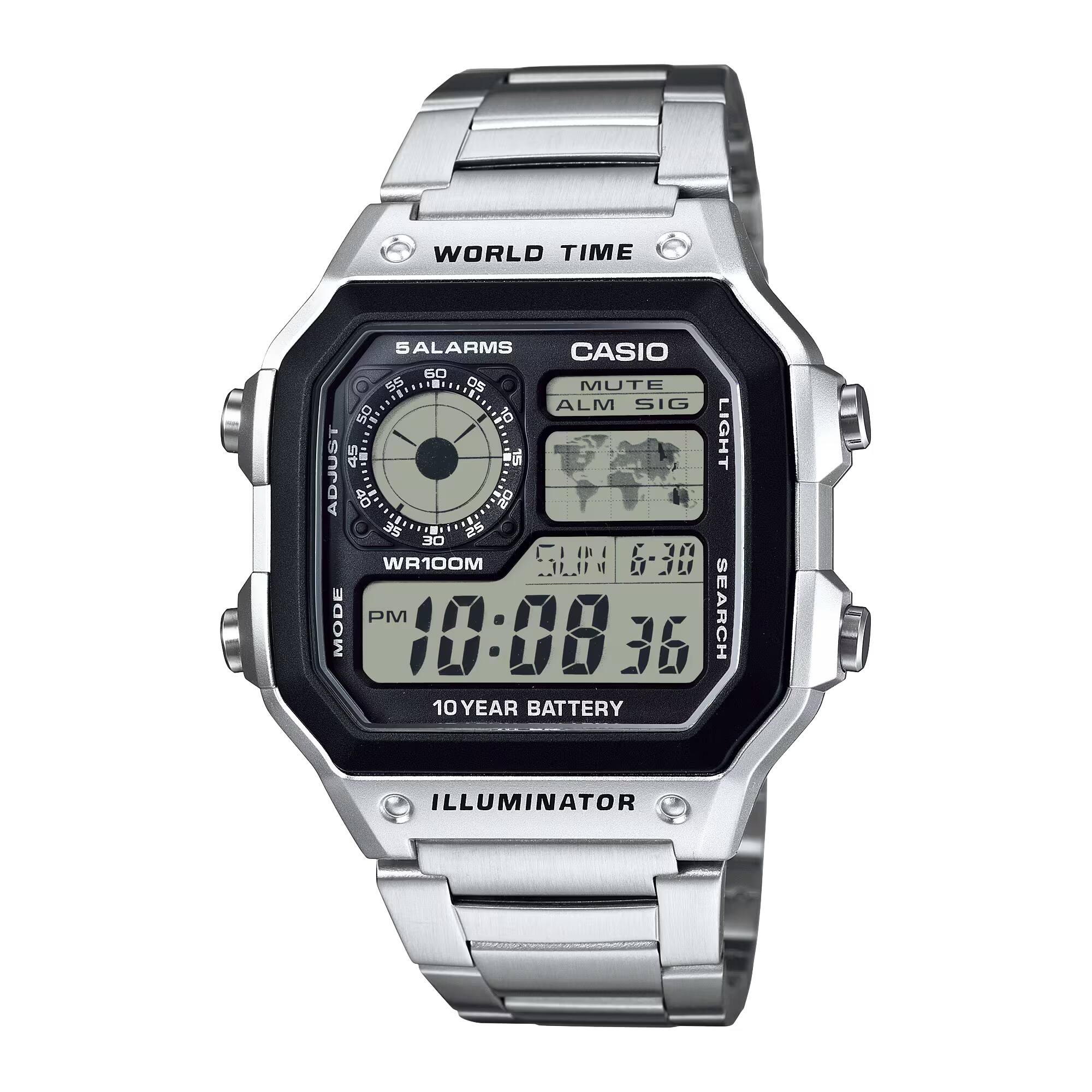 WORLD TIME  
CASIO  
5 ALARMS  
MUTE ALM SIG  
LIGHT  
WR100M  
MODE PM  
10:08 36  
SEARCH  
10 YEAR BATTERY  
ILLUMINATOR