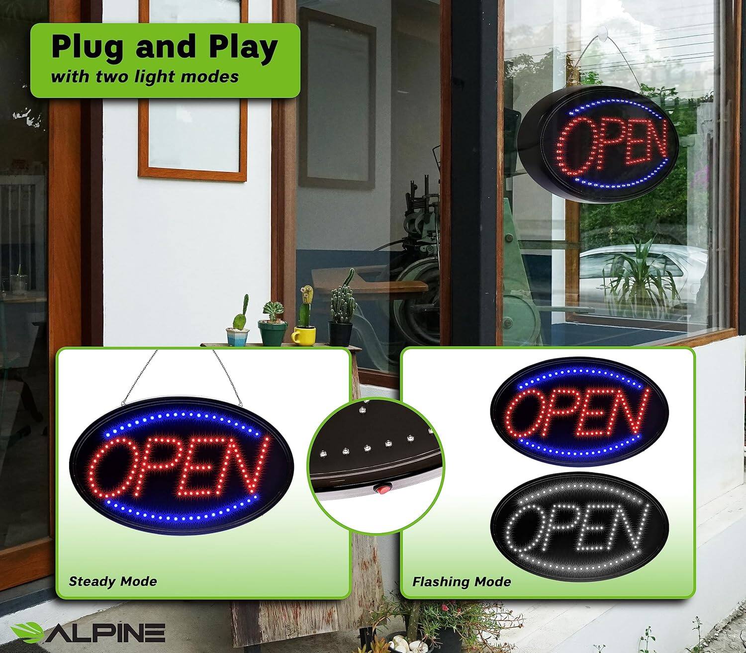 Plug and Play with two light modes, OPEN, Steady Mode, OPEN, Flashing Mode, ALPINE