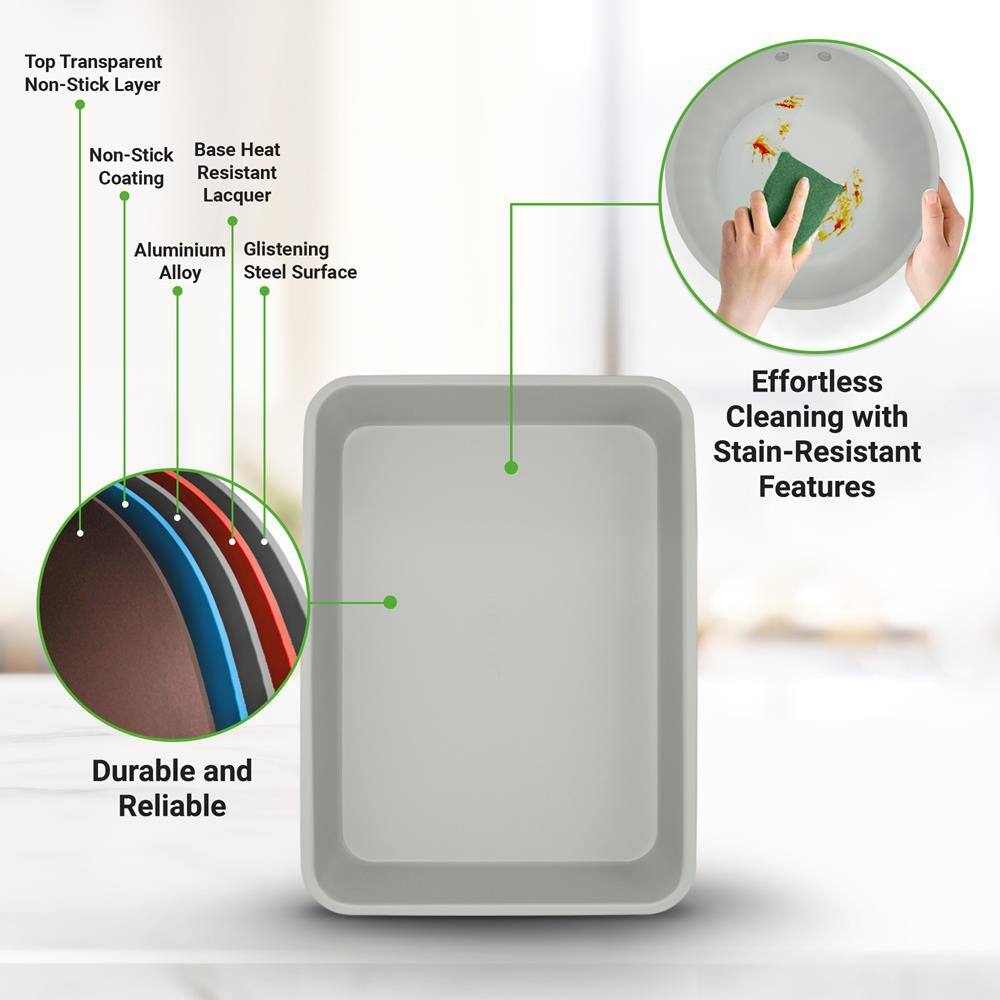Top Transparent Non-Stick Layer  
Non-Stick Coating  
Base Heat Resistant Lacquer  
Aluminium Alloy  
Glistening Steel Surface  
Effortless Cleaning with Stain-Resistant Features  
Durable and Reliable