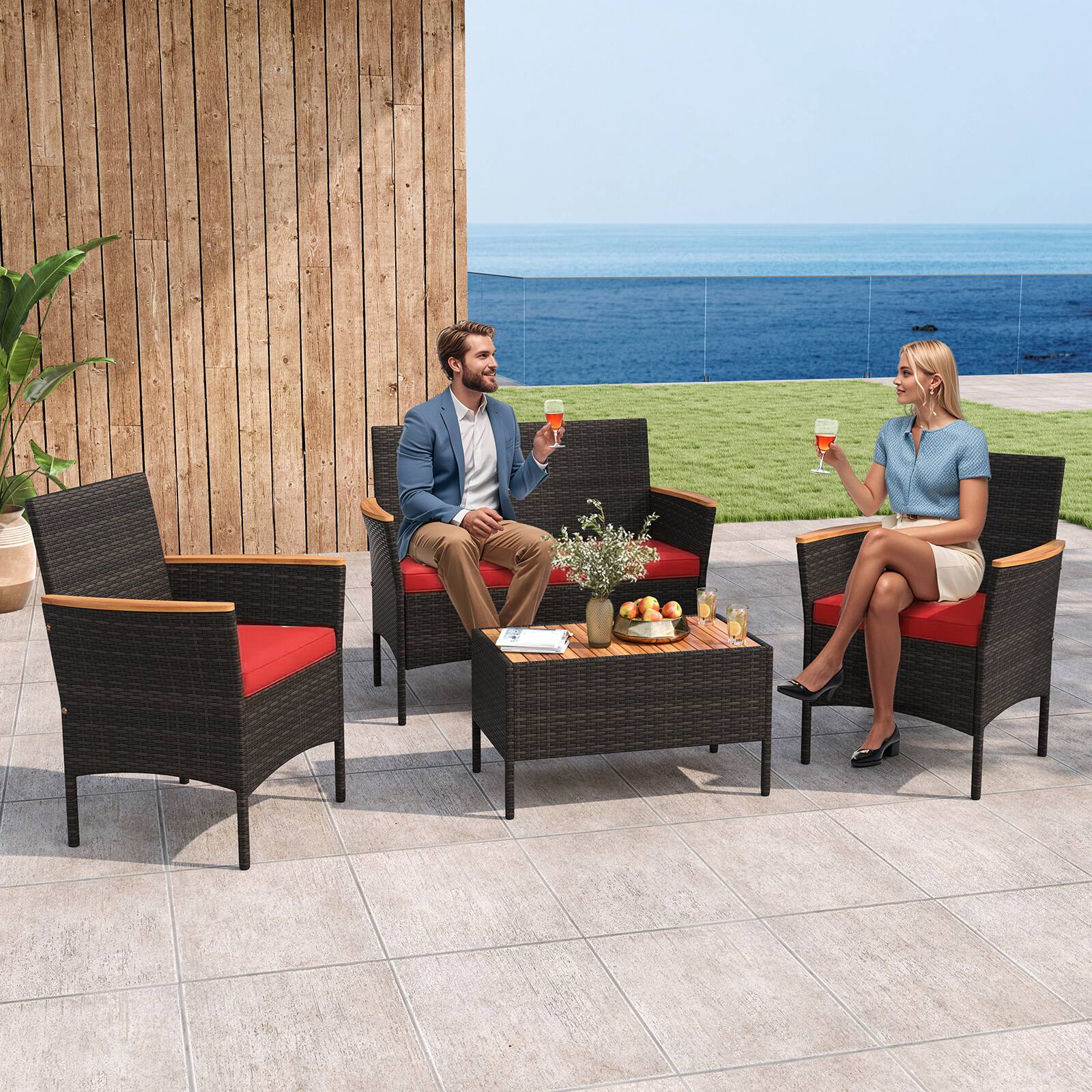 Alt View 8. Gymax - Gymax 8 PCS Patio Wicker Sofa Set w/ Coffee Table Acacia Wood Armrests & Tabletop Mix Brown & Red - Red.