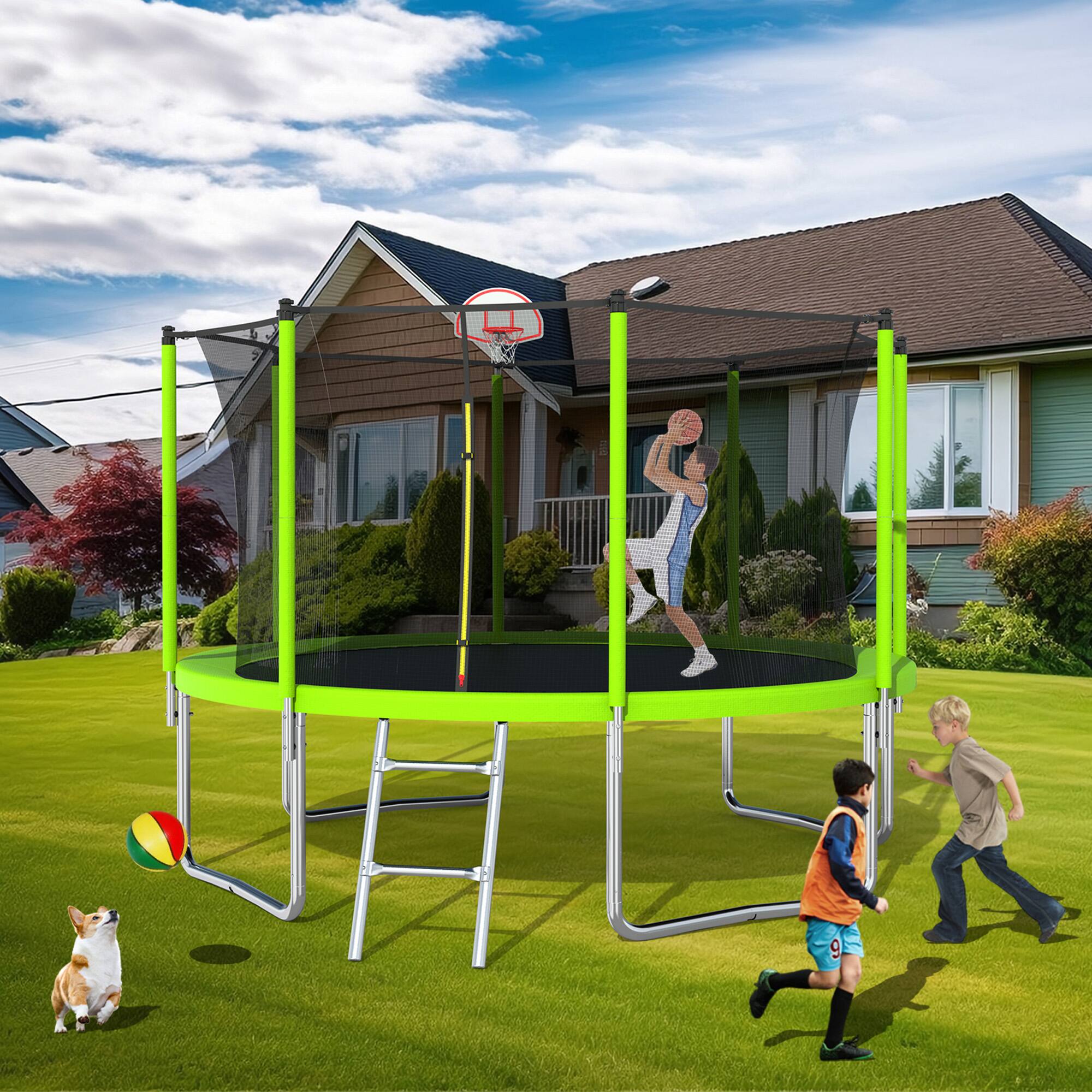 Alt View 1. Anysun - 12FT Green Trampoline for Kids & Adults - Includes Basketball Hoop & Ball, Safety Enclosure for Backyard Outdoor.