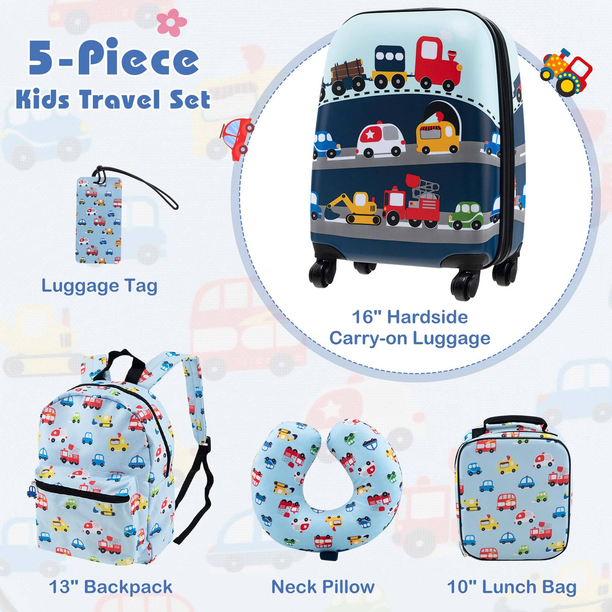 5-Piece Kids Travel Set: Luggage Tag, 16" Hardside Carry-on Luggage, 13" Backpack, Neck Pillow, 10" Lunch Bag.