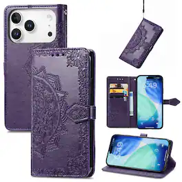 Dteck - Magnetic Wallet Case For iPhone 17 Pro Max, Shockproof Card Slots Stand Flip Phone Protective Cover with Hand Strap - Purple