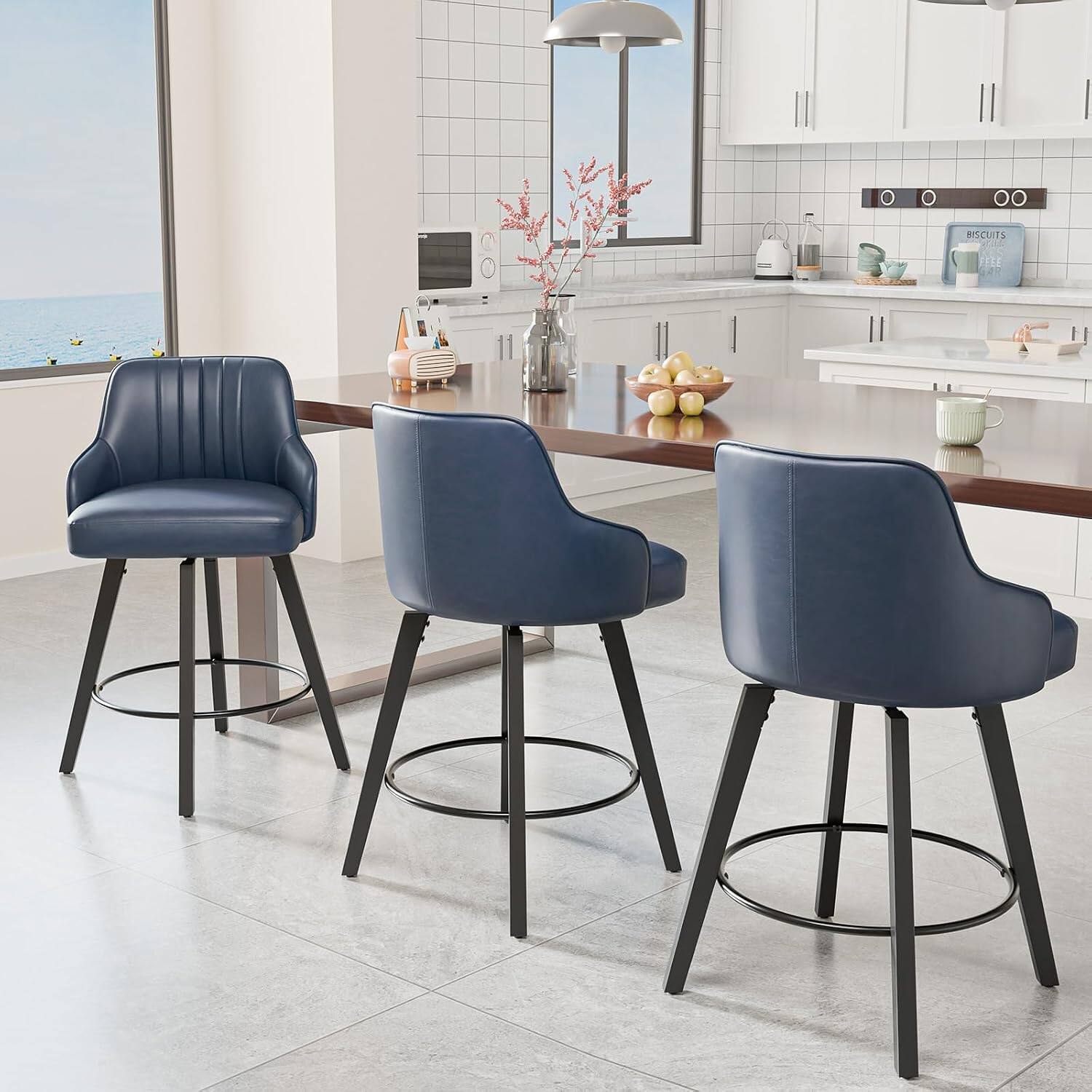 Alt View 5. Winado - 26" H Swivel Barstools Counter Height Bar Stool Modern Counter Stool with Back Kitchen High Chairs Solid Wood Legs - Dark Blue Pu-Set of 1.
