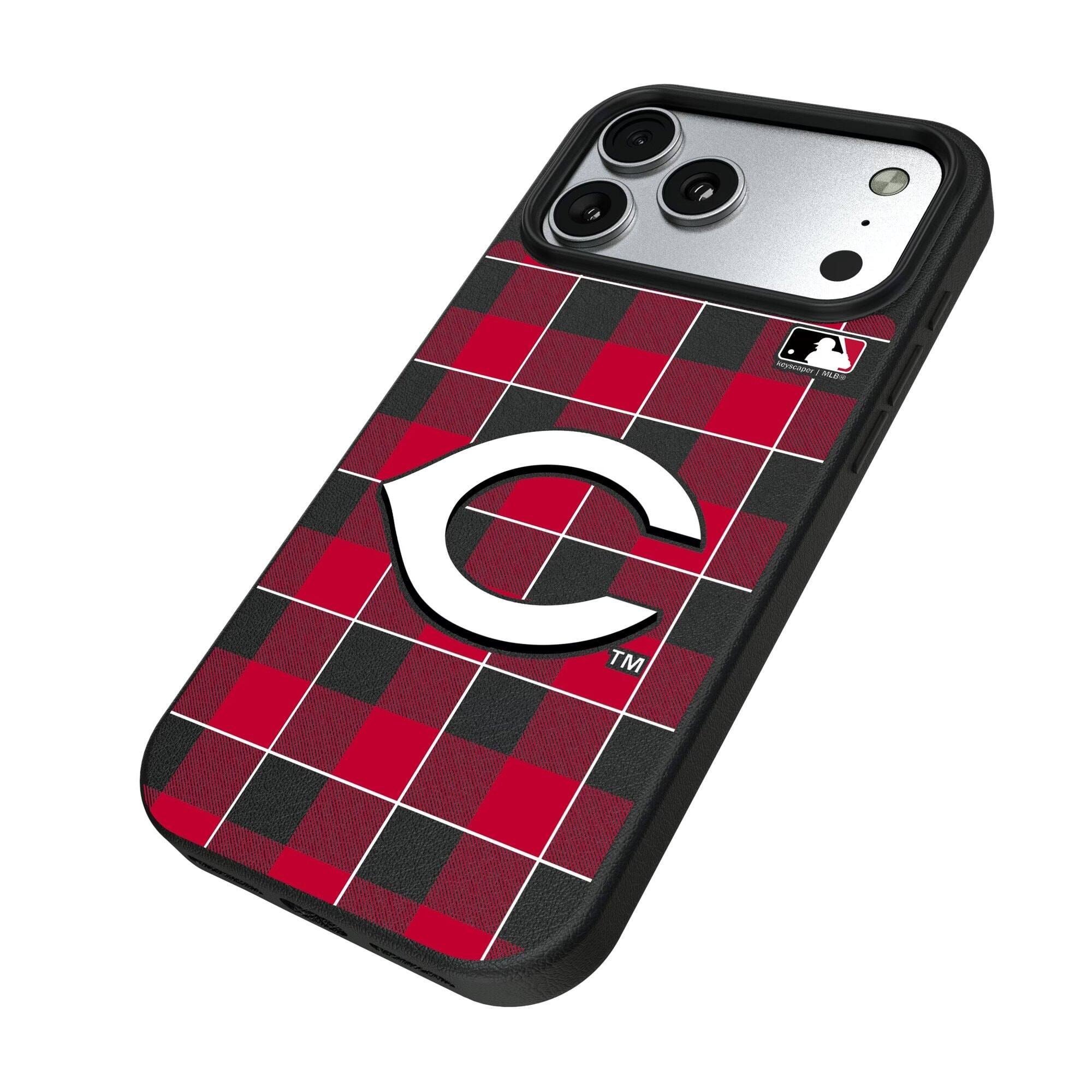 Alt View 1. Keyscaper - Cincinnati Reds Plaid Magnetic Bump iPhone Case - 15 Plus - Black.