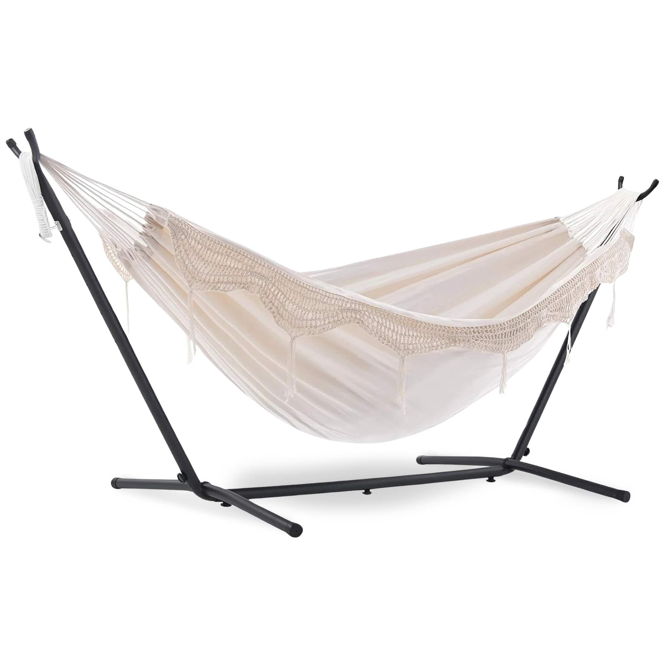 Vivere- Double Cotton Hammock, Comfortable Daybed with Steel Stand, 9', Natural- Off-White