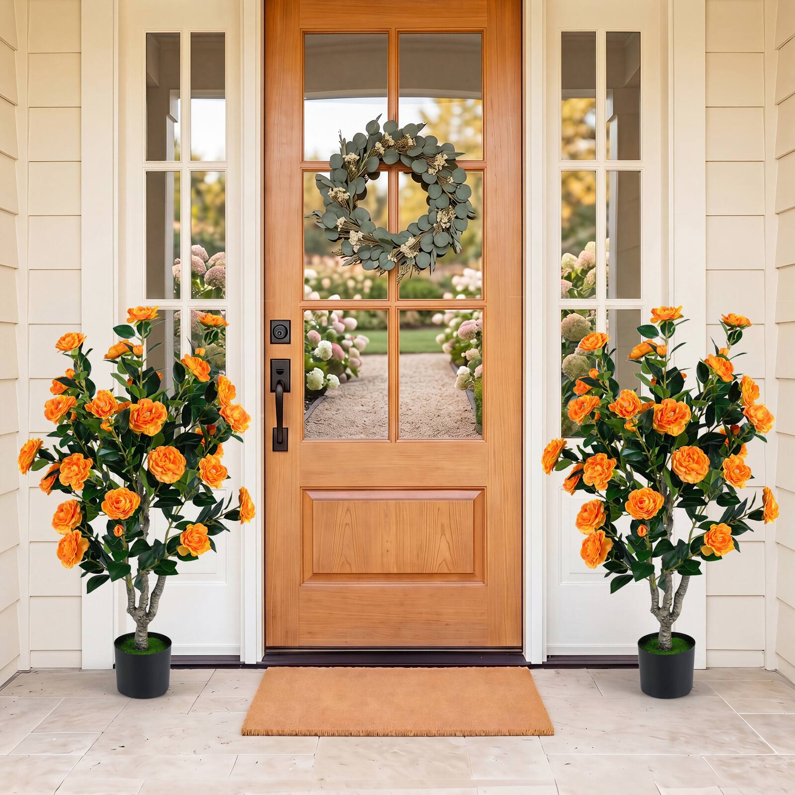 Alt View 1. Costway - Costway 39.5" Artificial Camellia Tree Set of 2 with Orange Blossoms for Home Office, Porch - Orange.