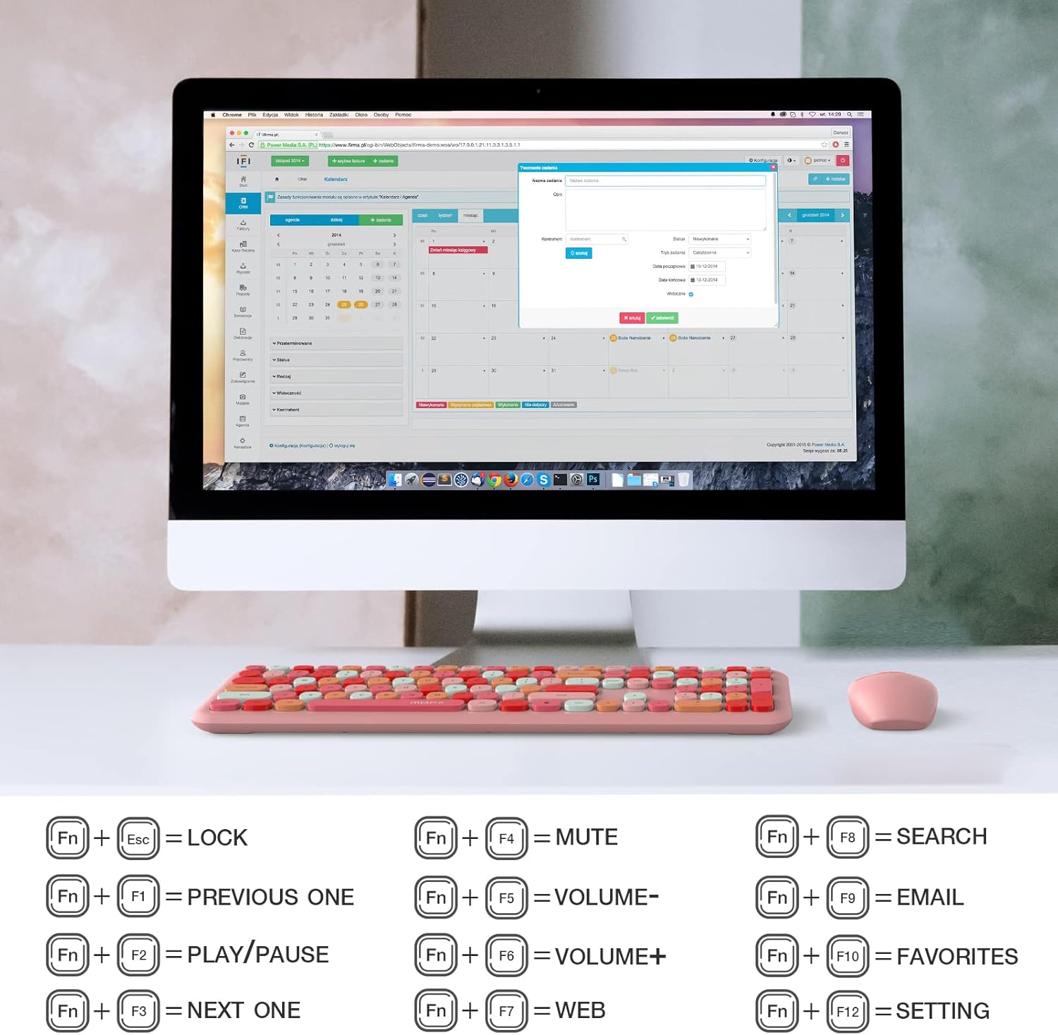 - Fn + Esc = LOCK
- Fn + F1 = PREVIOUS ONE
- Fn + F2 = PLAY/PAUSE
- Fn + F3 = NEXT ONE
- Fn + F4 = MUTE
- Fn + F5 = VOLUME-
- Fn + F6 = VOLUME+
- Fn + F7 = WEB
- Fn + F8 = SEARCH
- Fn + F9 = EMAIL
- Fn + F10 = FAVORITES
- Fn + F12 = SETTING
