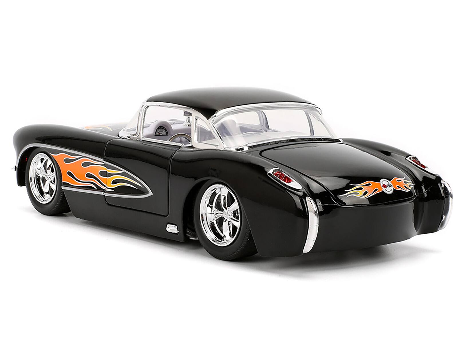 Alt View 4. Jada - 1957 Chevrolet Corvette Black with Flame Graphics and White Interior "Bigtime Muscle" Series 1/24 Model Car by Jada.