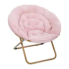 Emma + Oliver - Ersa Oversize Folding Saucer Chair with Cozy Faux Fur Cushion and Metal Frame for Dorms, Bedrooms, Apartments and More - Blush Faux Fur/Soft Gold Frame