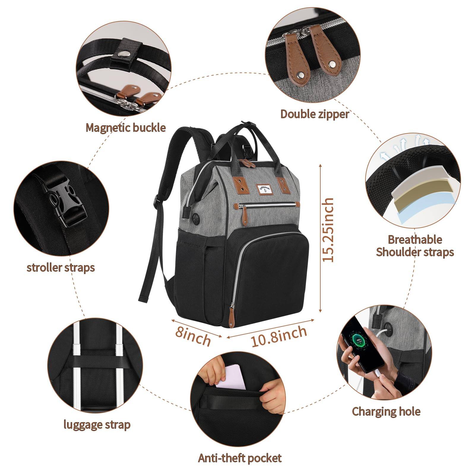 Magnetic buckle  
Double zipper  
Breathable Shoulder straps 15.25inch  
Stroller straps 8inch  
Luggage strap 10.8inch  
Anti-theft pocket  
Charging hole