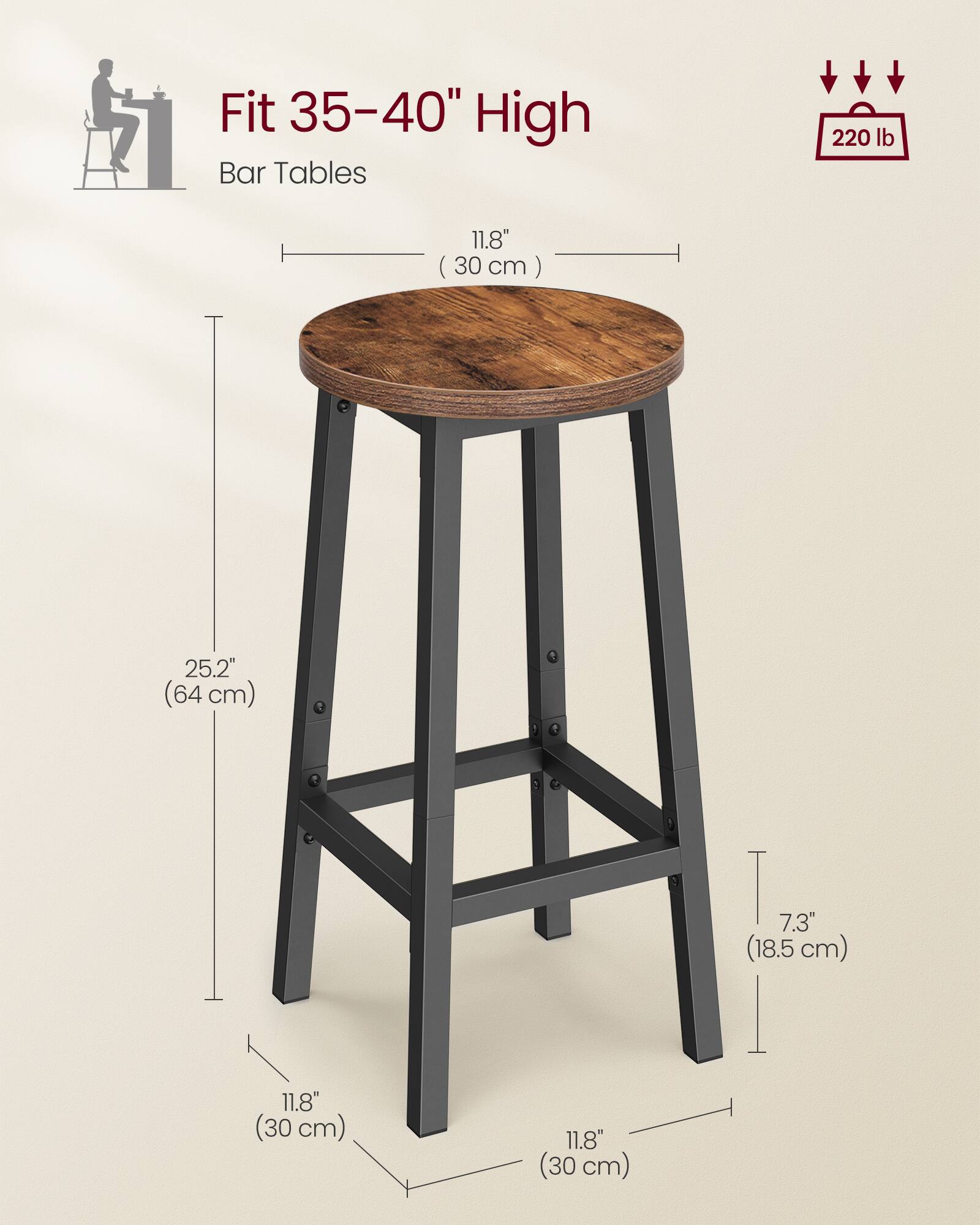Fit 35-40" High Bar Tables  
220 lb  
11.8" (30 cm)  
25.2" (64 cm)  
11.8" (30 cm)  
7.3" (18.5 cm)  
11.8" (30 cm)