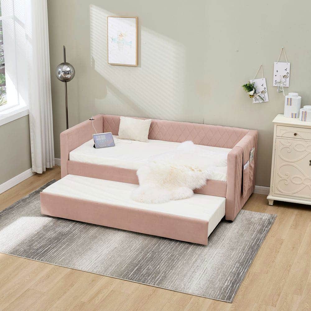 Kadyn - Velvet Daybed with Sturdy Wood Frame, Modern Diamond Grid Pull-Out Design for Bedroom Living Room - Pink