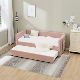 Kadyn - Velvet Daybed with Sturdy Wood Frame, Modern Diamond Grid Pull-Out Design for Bedroom Living Room - Pink