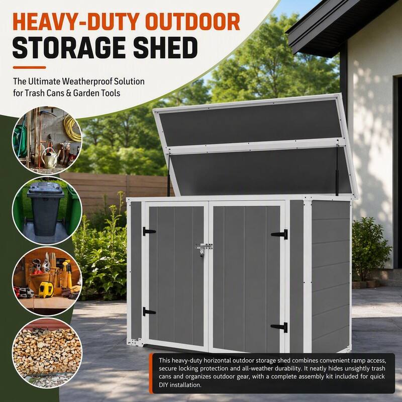 HEAVY-DUTY OUTDOOR STORAGE SHED

The Ultimate Weatherproof Solution for Trash Cans & Garden Tools

This heavy-duty horizontal outdoor storage shed combines convenient ramp access, secure locking protection and all-weather durability. It neatly hides unsightly trash cans and organizes outdoor gear, with a complete assembly kit included for quick DIY installation.