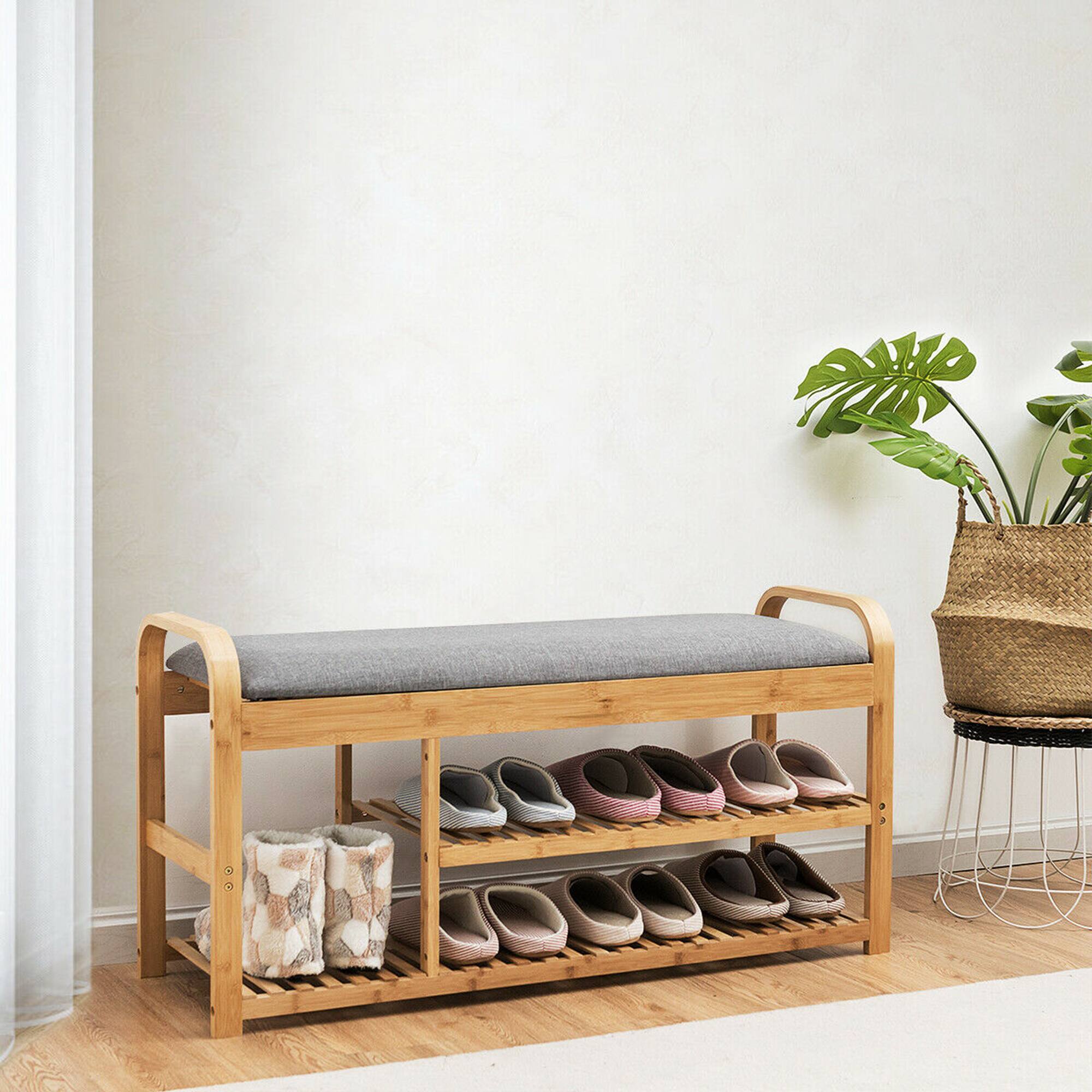 Alt View 1. Gymax - Gymax Shoe Rack Entryway 3-Tier Bamboo Shoe Bench Organizer W/Cushion Modern Stool - Natural and Grey.