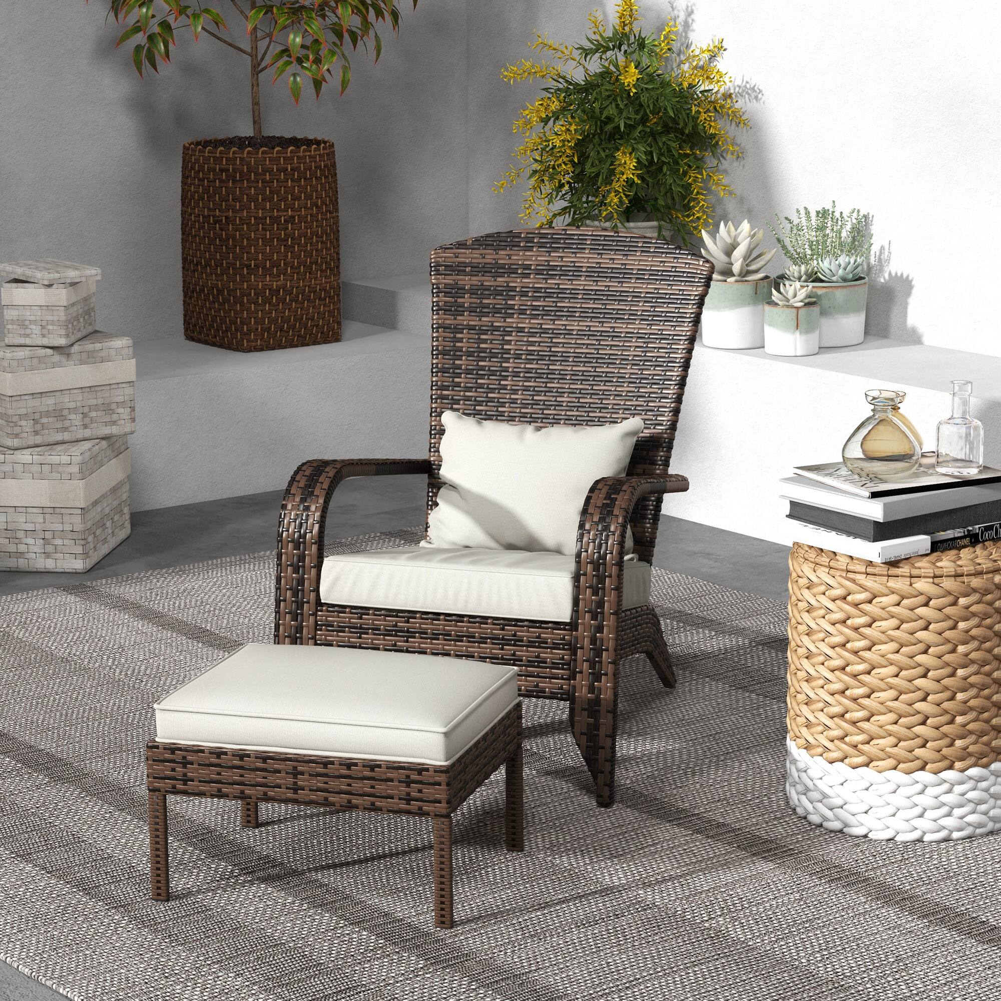 Alt View 1. Outsunny - Adirondack Chair Fire Pit Chair w/ Ottoman & Cushions - Cream White.