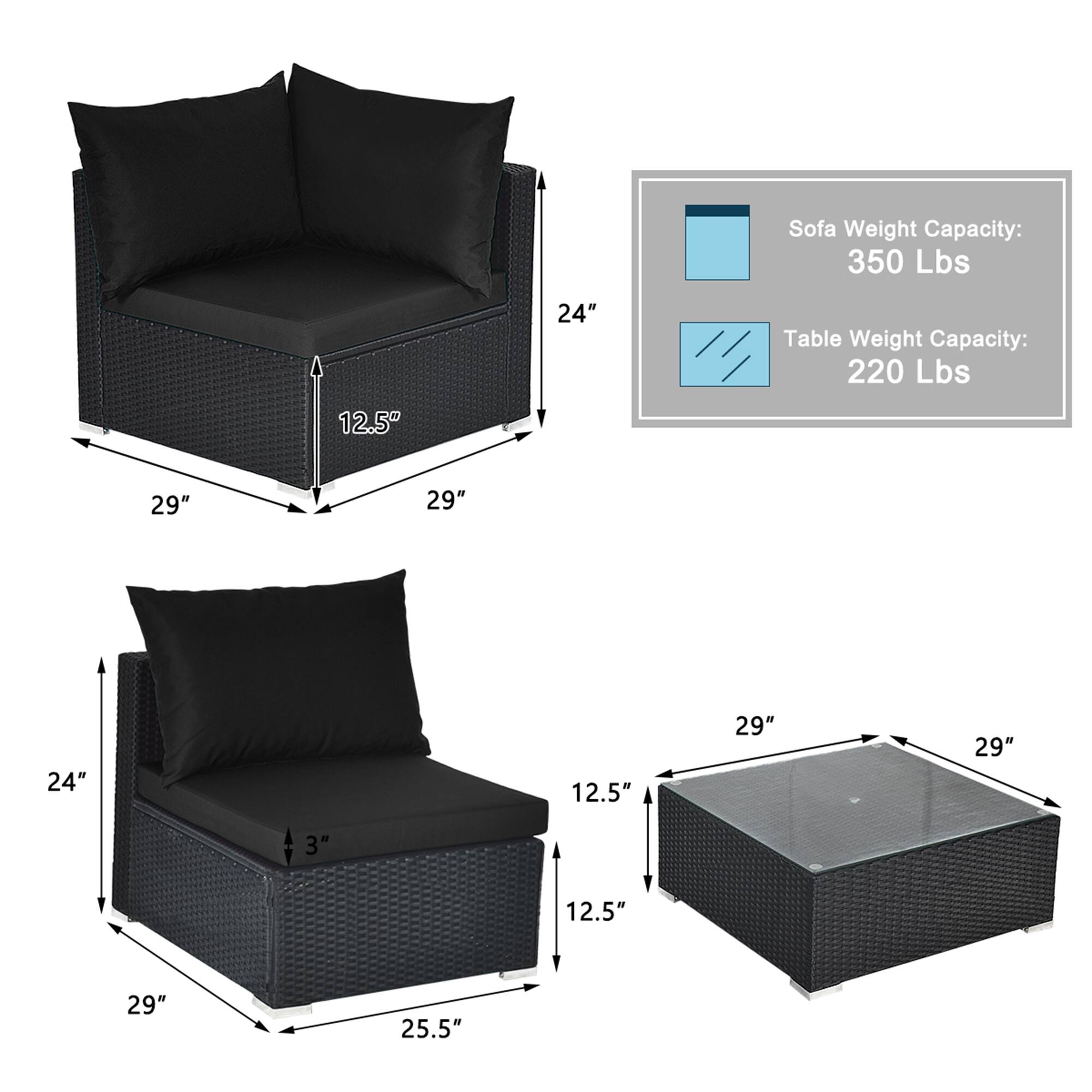 Sofa Weight Capacity: 350 Lbs  
Table Weight Capacity: 220 Lbs  

Dimensions:  
- Sofa: 29" x 29" x 12.5"  
- Seat Height: 3"  
- Overall Height: 24"  
- Depth: 25.5"  

Table: 12.5" x 29" x 29"