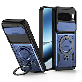 Dteck - For Google Pixel 11 Pro/Google Pixel 11 Shockproof Ring Kickstand Drop Protection Rugged Case Sliding Camera Lens Cover - Darkblue
